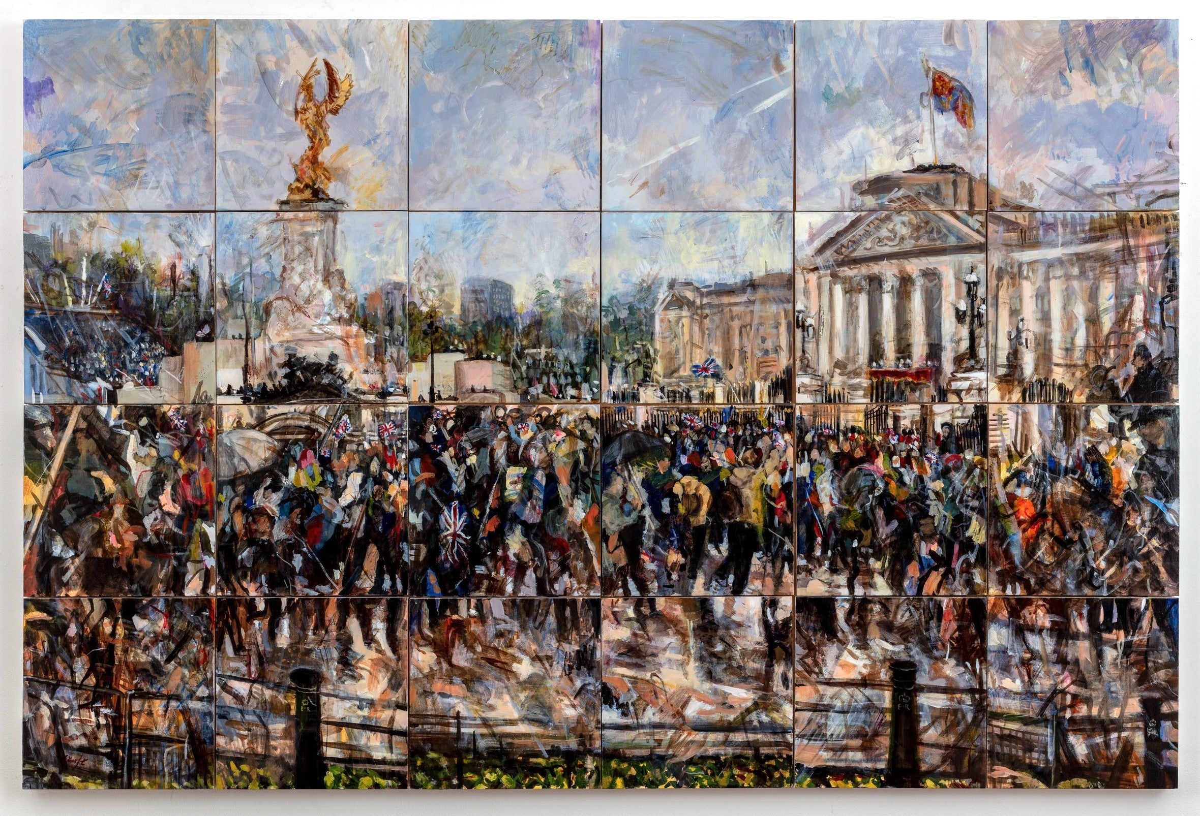 ‘Saluting the Crowds’, acrylic and oil on 24 wooden panels, by Fraser Scarfe