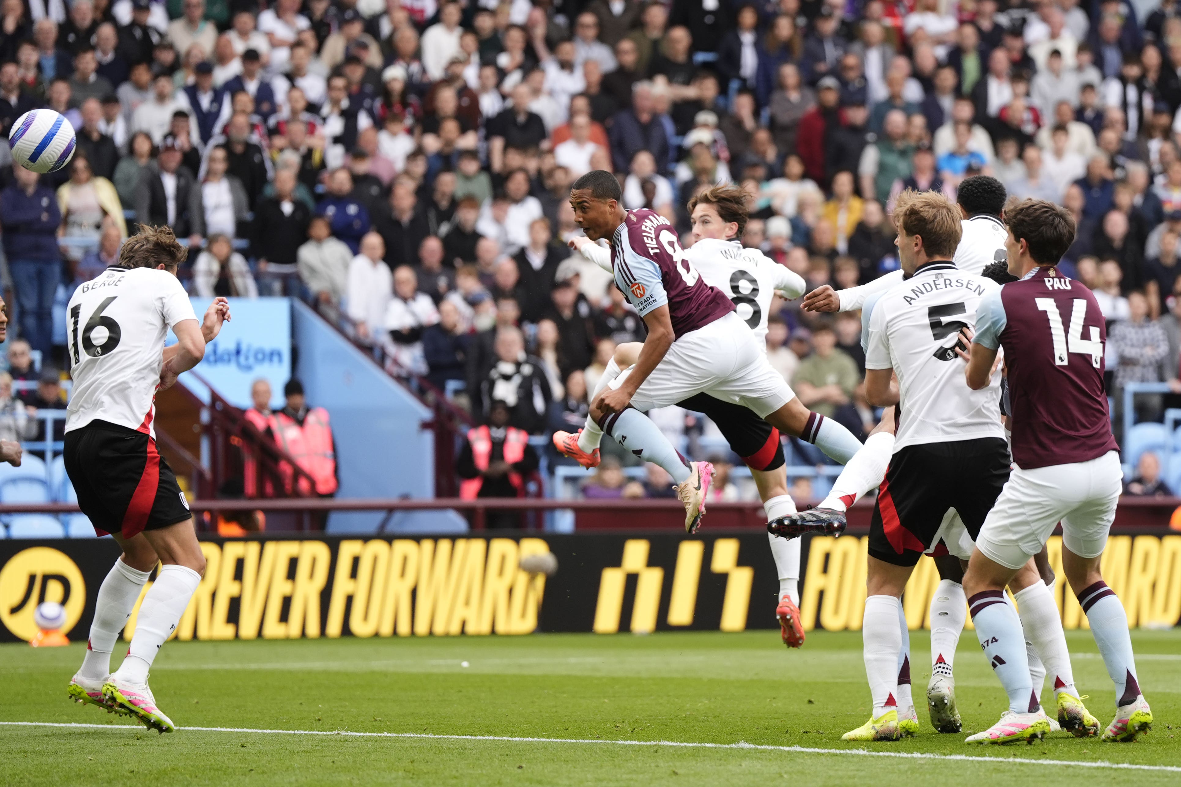 Youri Tielemans meets John McGinn’s corner to head past Fulham goalkeeper Bernd Leno