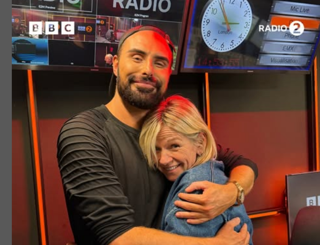 Zoe Ball posing with fellow radio host Rylan Clark