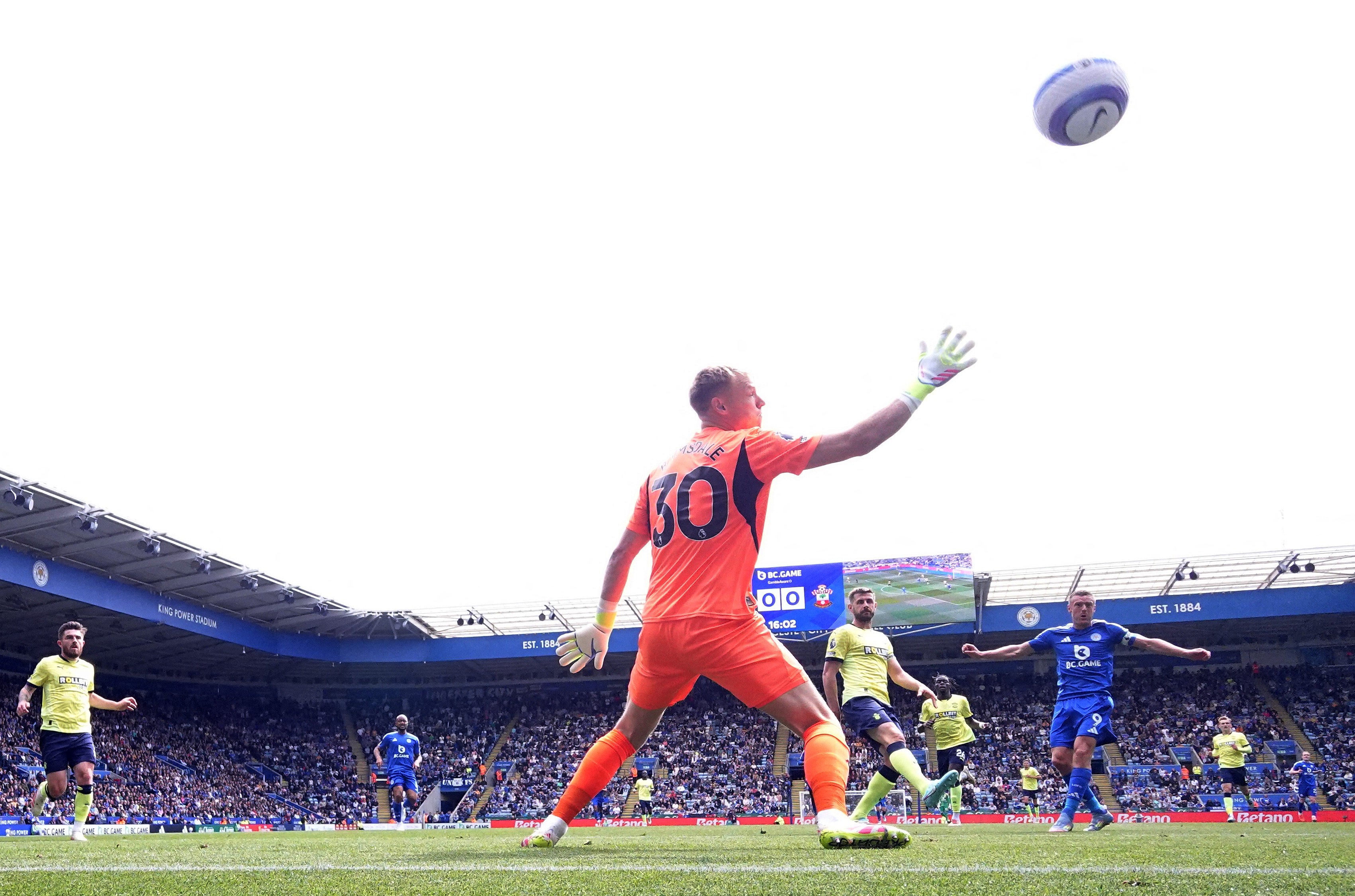 Vardy, right, scores Leicester's first goal of the game