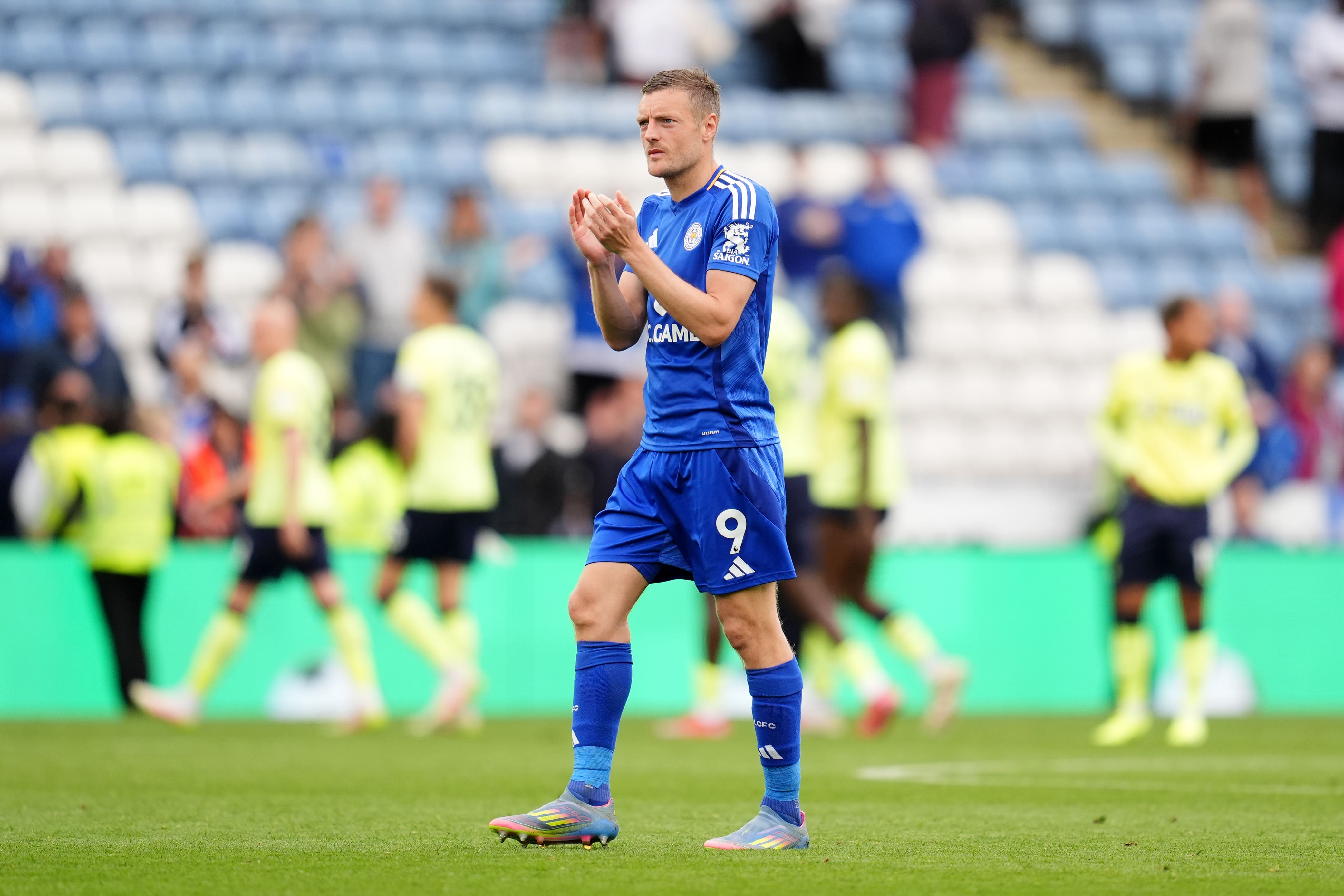 Jamie Vardy applauds the fans after the final whistle (Adam Davy/PA)
