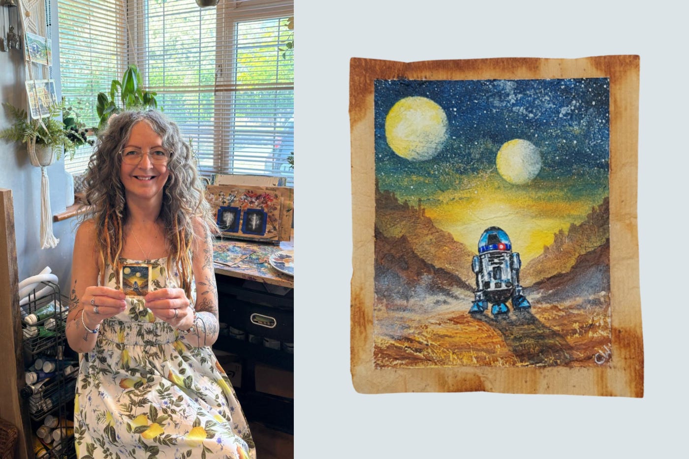 Caroline West has painted Star Wars inspired scenes on used tea bags (Ella Sandy/Caroline West/PA)