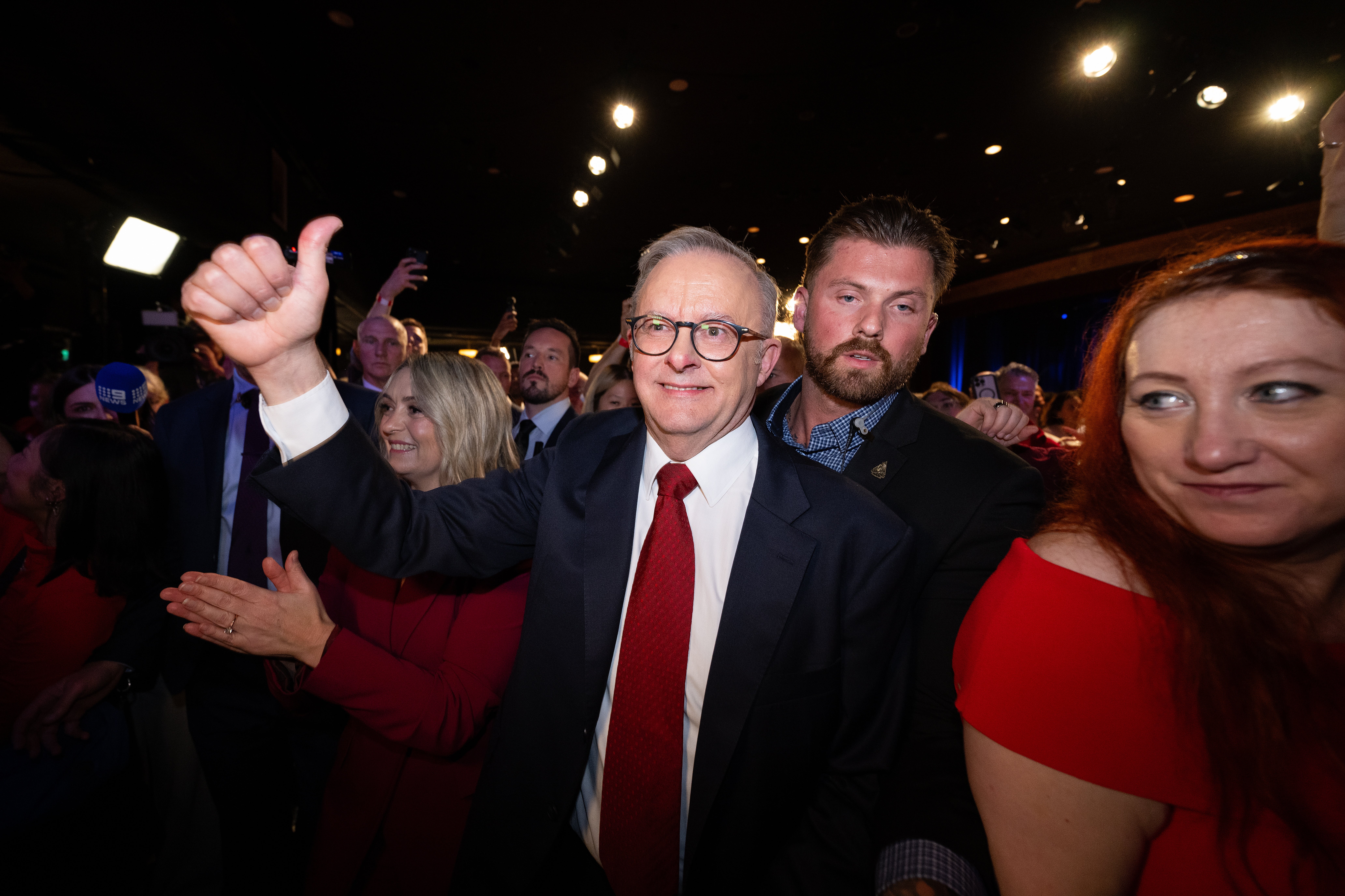 Australian prime minister Anthony Albanese greets the crowd after giving a speech at the Labor Election Night function at Canterbury-Hurlstone Park RSL Club on Election Day of the 2025 federal election campaign in Sydney, Australia, 3 May 2025
