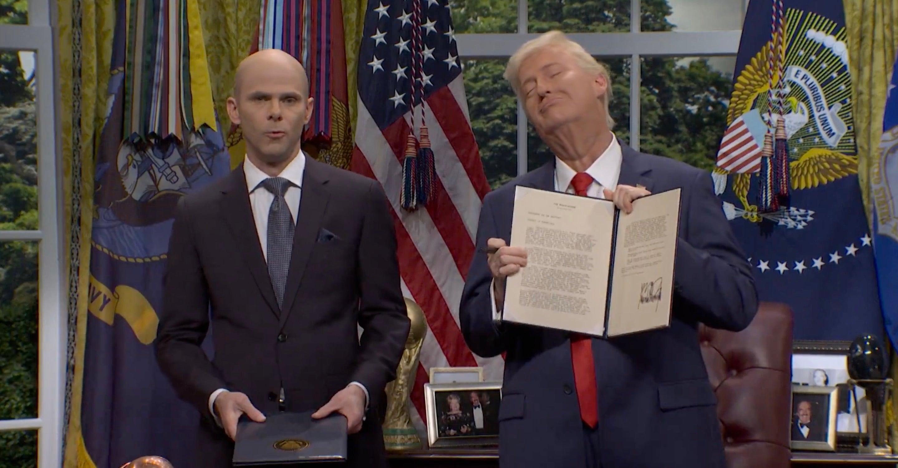 James Austin Johnson as President Donald Trump and Mikey Day as Stephen Miller