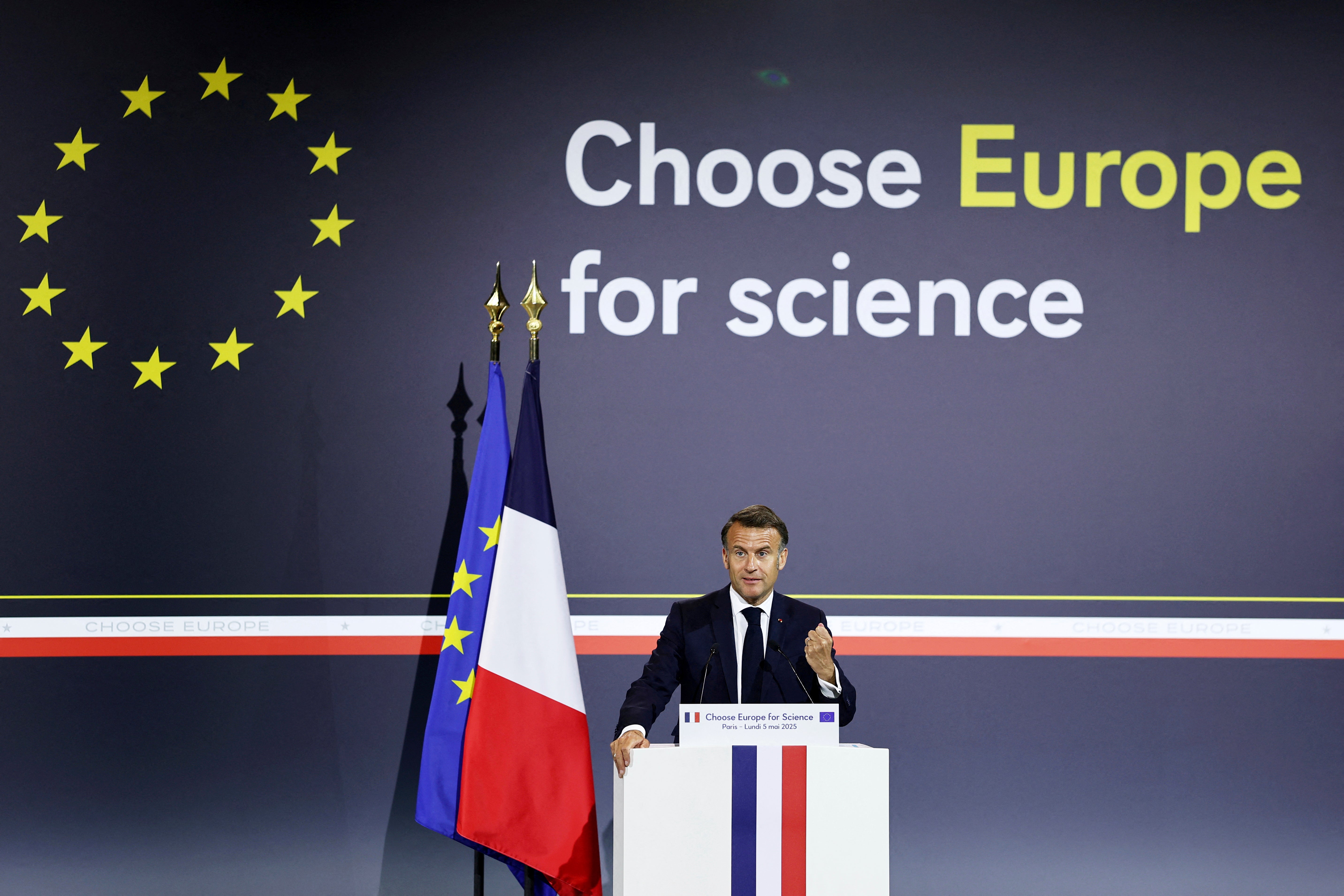 French President Emmanuel Macron delivers his speech at the ‘Choose Europe for Science’ event, to encourage researchers and scientists from all over the world to practice in Europe, at the Sorbonne University in Paris, Monday, May 5, 2025.(Gonzalo Fuentes/Pool via AP) Science