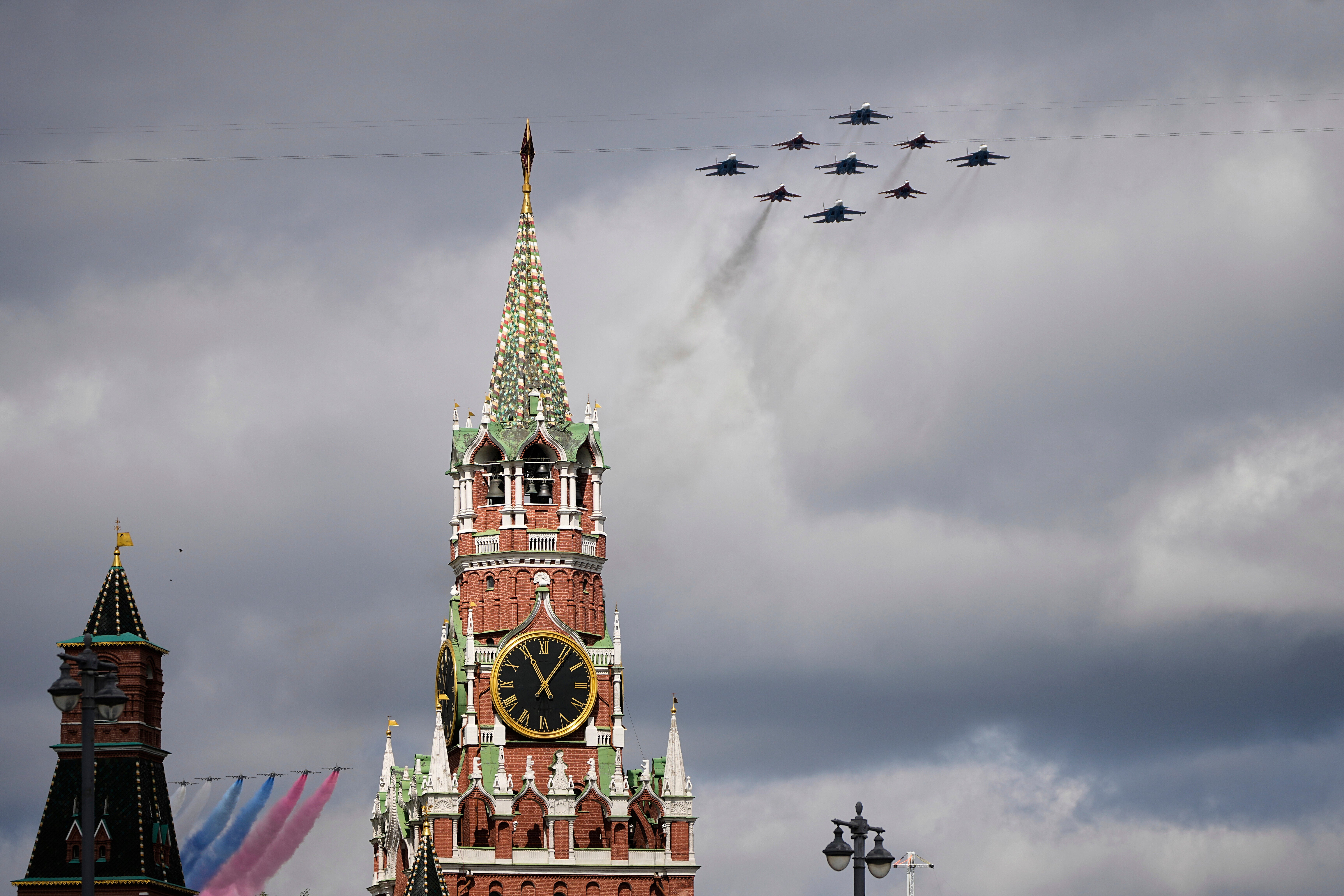 Russian fighter jets fly over Red Square during the Victory Day military parade rehearsal earlier this week