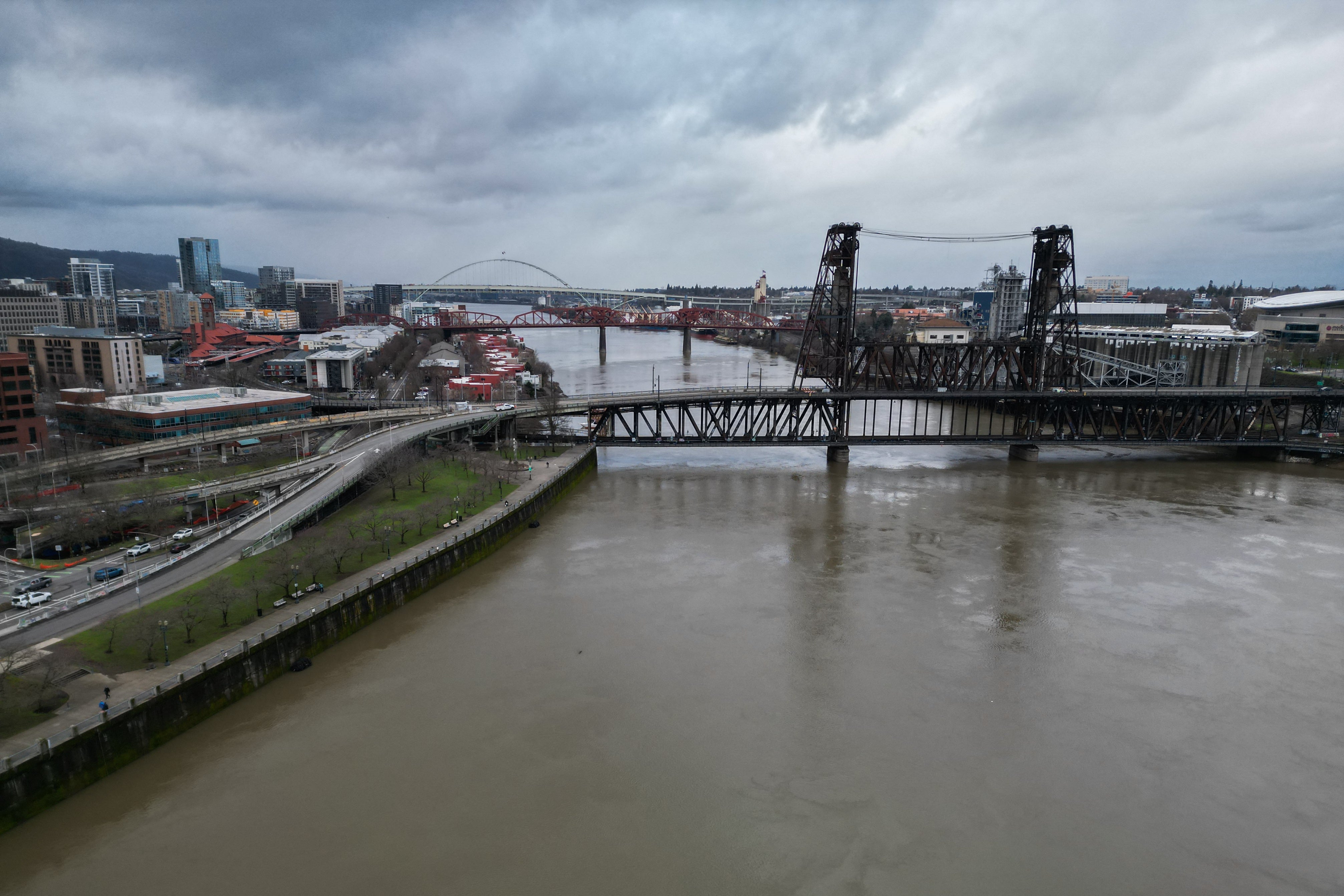 An aerial image shows the Steel Bridge across the Willamette River in Portland, Oregon where several bodies have been recovered in the past month