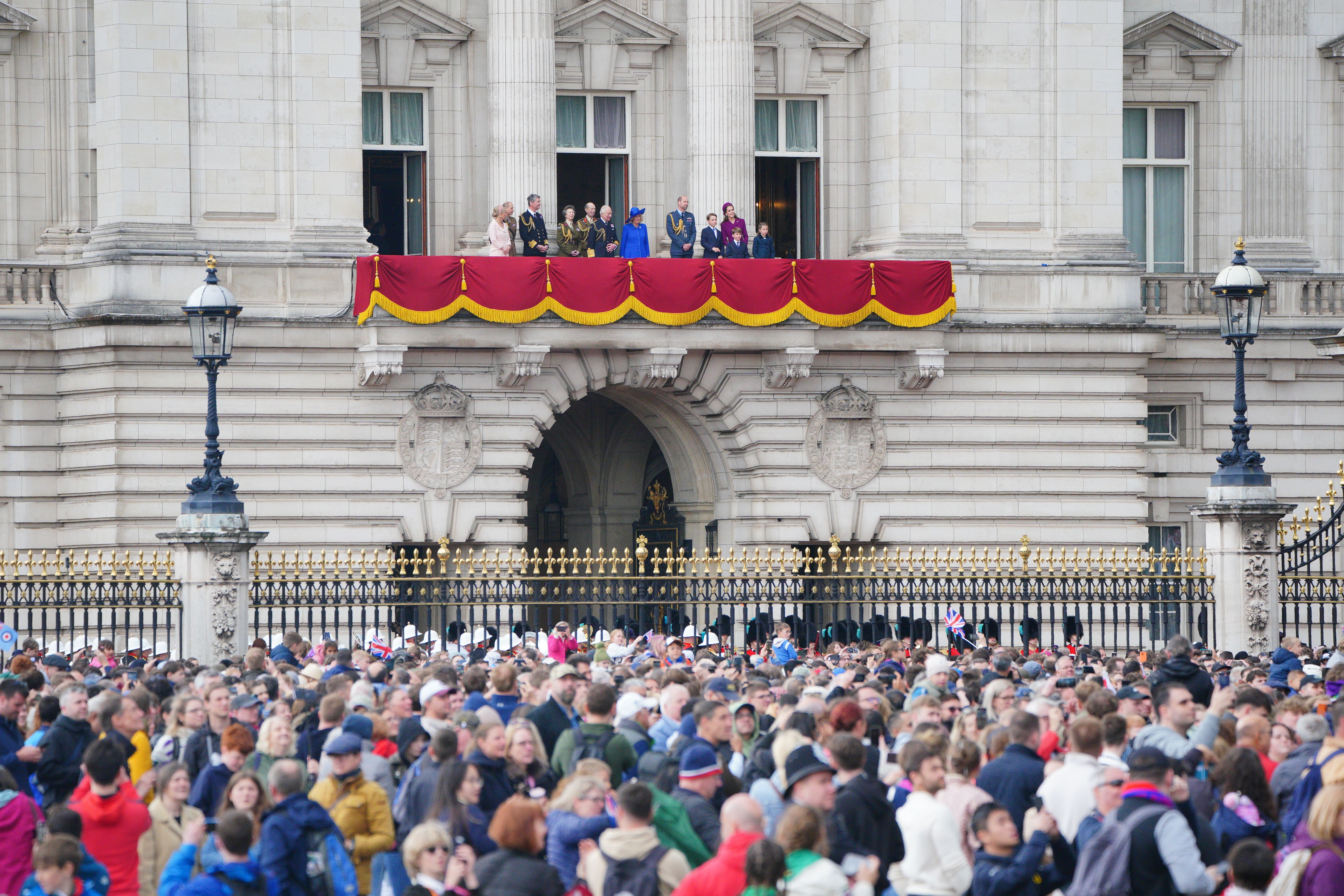 Members of the royal family (left to right) the Duchess of Edinburgh, the Duke of Edinburgh, Vice Admiral Sir Tim Laurence, the Princess Royal, the Duke of Kent, the King, Queen Camilla, the Prince of Wales, Prince George, the Princess of Wales, Prince Louis and Princess Charlotte on the balcony of Buckingham Palace (Ben Birchall/PA)