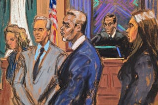 Sean 'Diddy' Combs stands with his attorneys before U.S. District Judge Arun Subramanian to observe the pool of potential jurors entering for his sex trafficking trial in New York