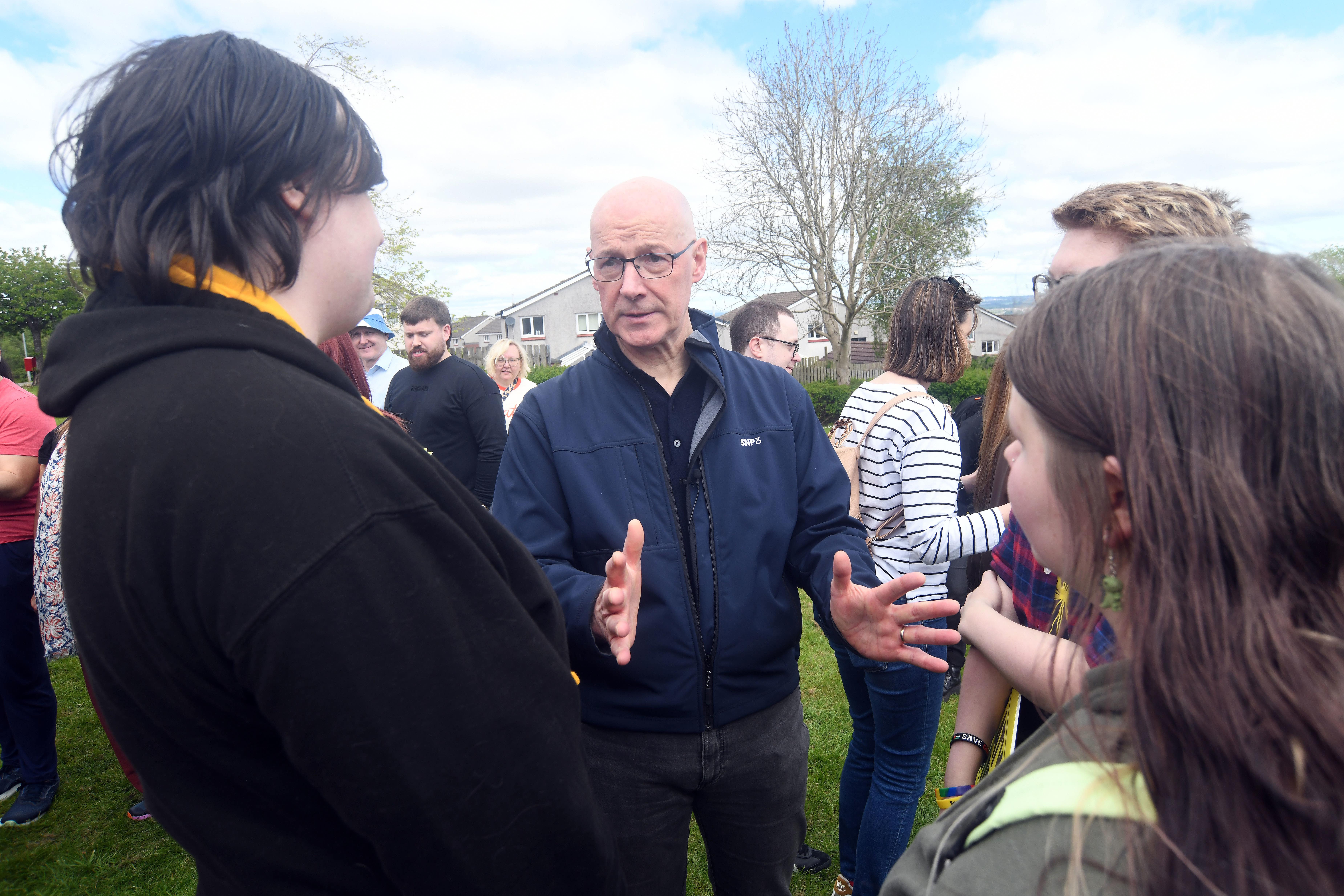 John Swinney campaigining in Hamilton, Larkhall and Stonehouse (Michael Boyd/PA)