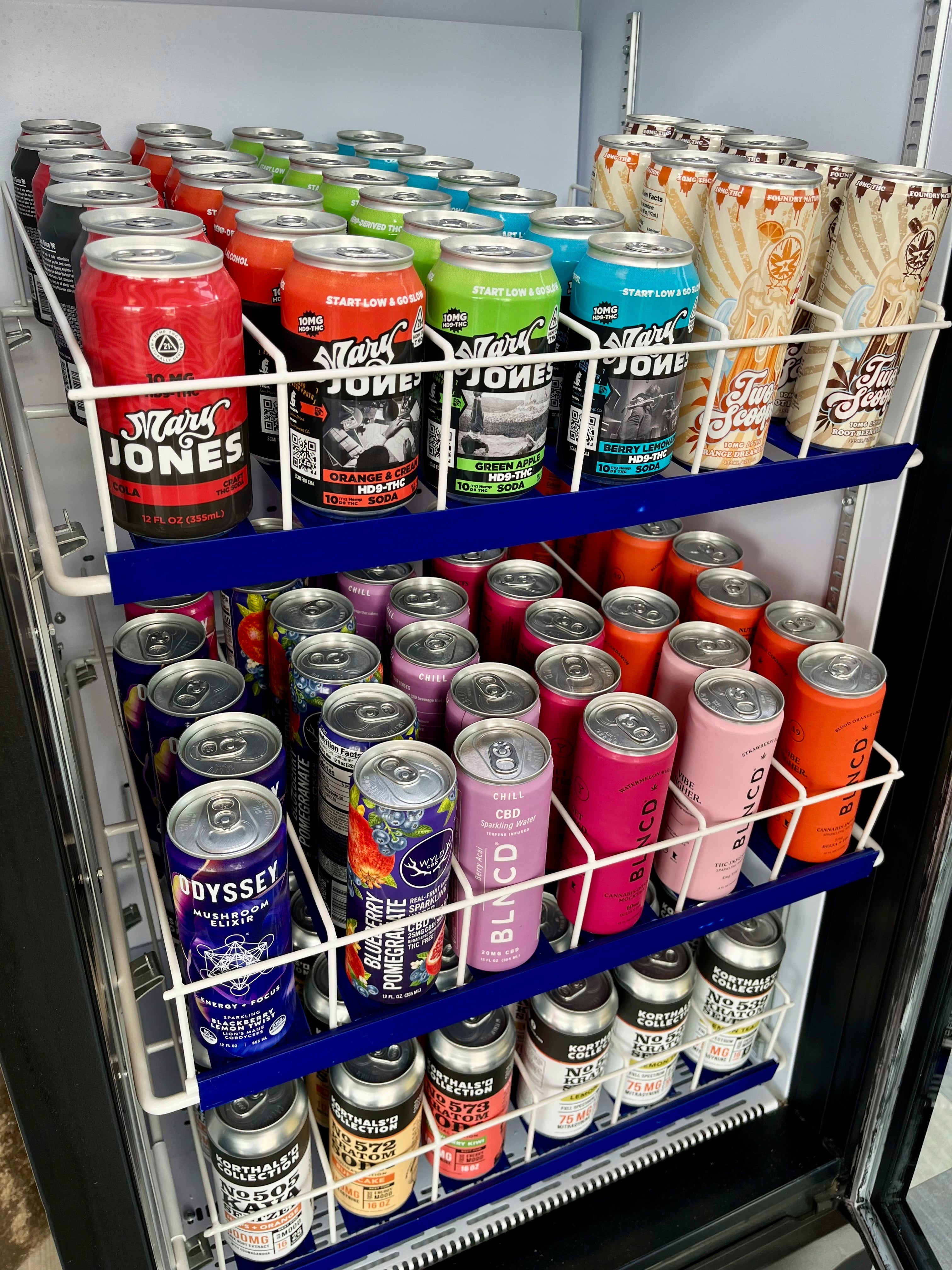 A selection of beverages containing hemp-based THC is on display at Kind Life Dispensary in Lincoln, Nebraska