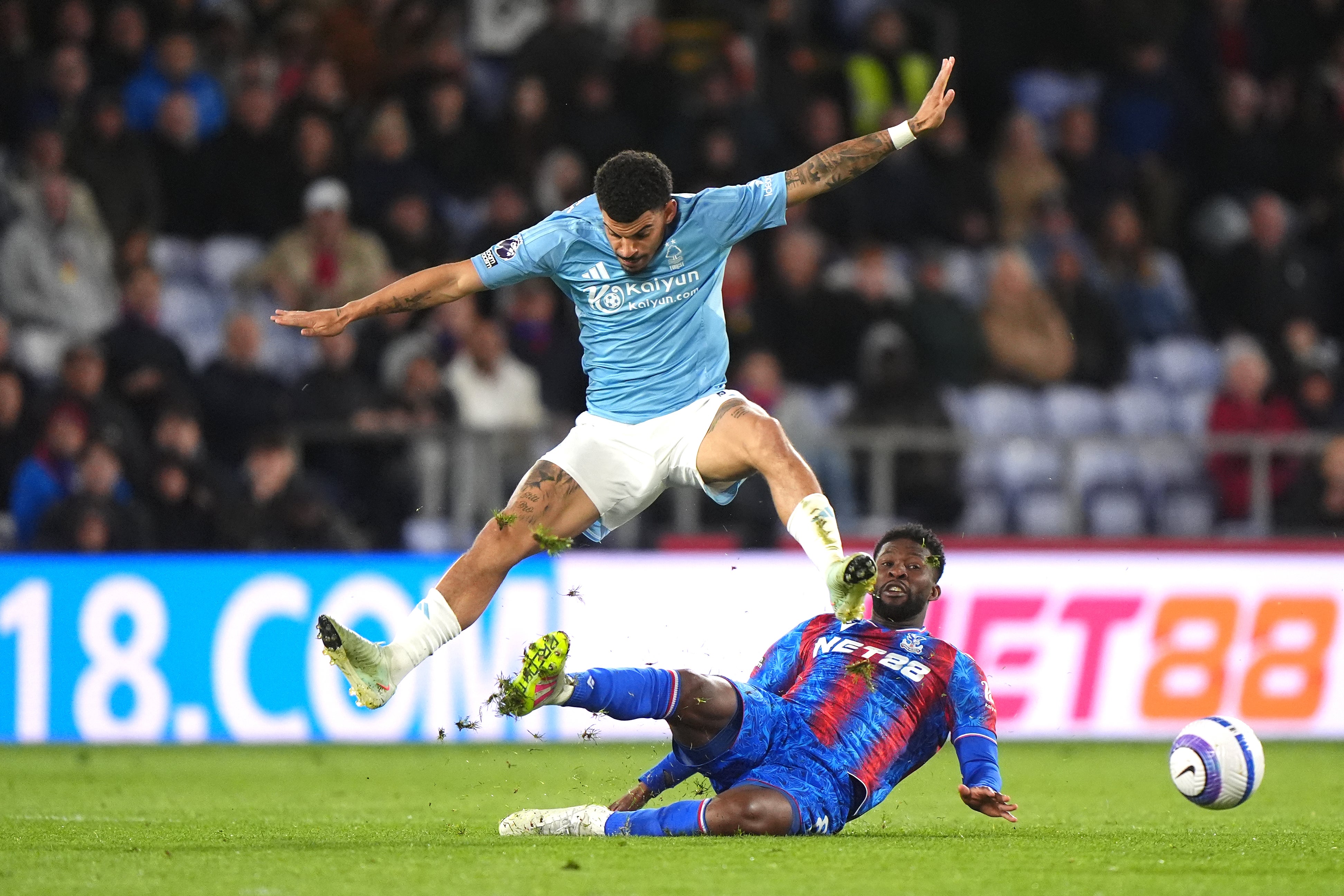 Nottingham Forest’s Morgan Gibbs-White jumps over a challenge from Crystal Palace’s Jefferson Lerma (Bradley Collyer/PA).