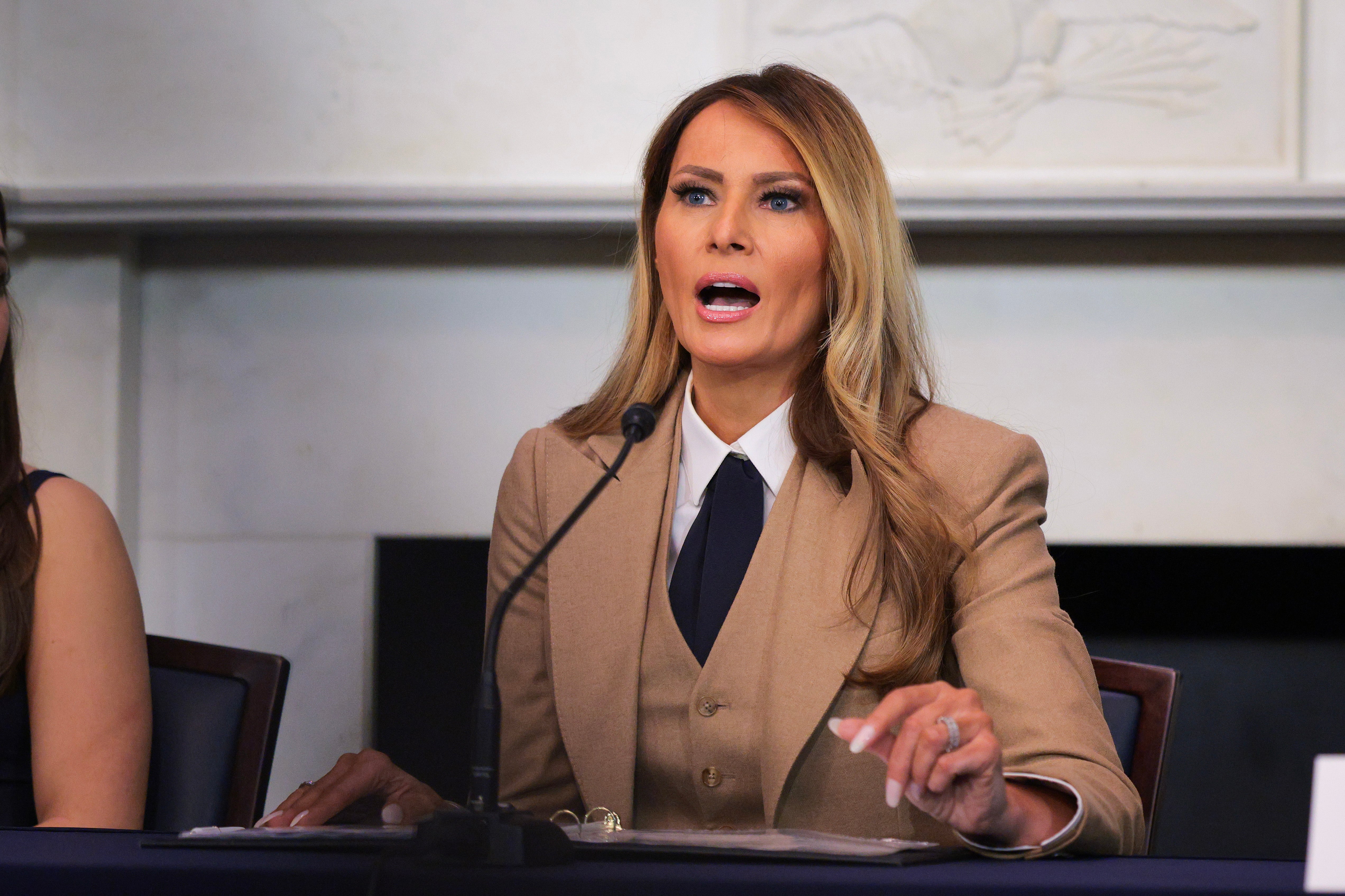 Melania Trump pictured in March speaking during a roundtable discussion about the Take it Down Act. The First Lady championed the bill, which was first introduced by Senators Ted Cruz and Amy Klobuchar