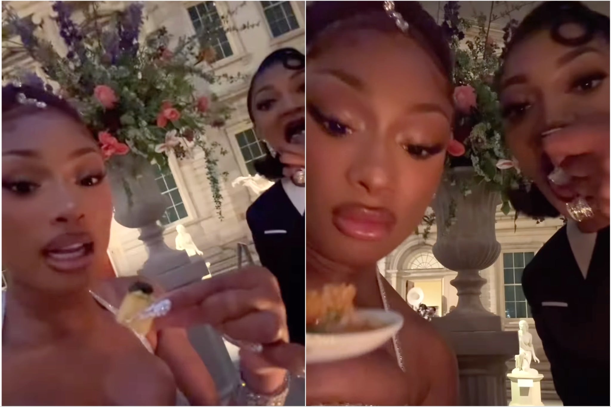 Megan Thee Stallion (left) shared her reviews of the Met Gala food items