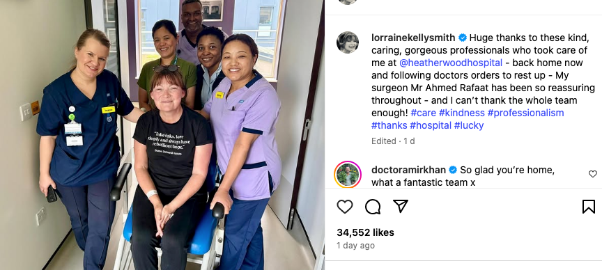 Lorraine Kelly pictured with the staff at Heather Wood hospital in Ascot