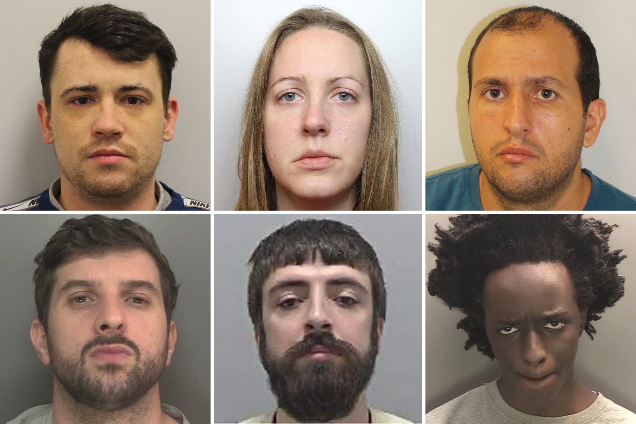 Clockwise from top left: Jordan McSweeney, Lucy Letby, Koci Selamaj, Axel Rudakubana, Kyle Clifford and Thomas Cashman. All refused to attend their sentencings apart from Rudakubana, who was removed from court after disrupting the hearing