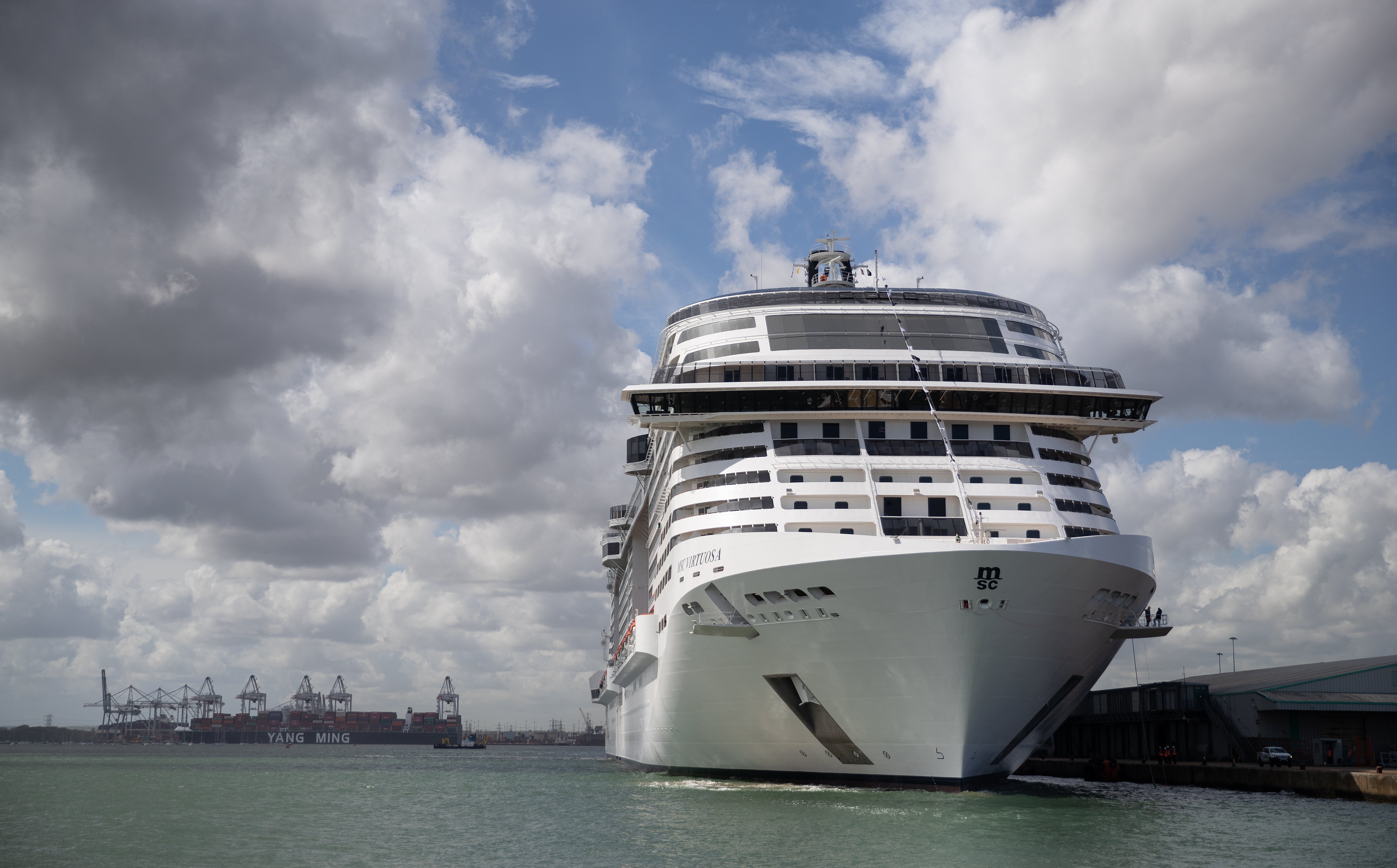 The cruise ship MSC Virtuosa arriving at the City Cruise Terminal in Southampton in May 2021