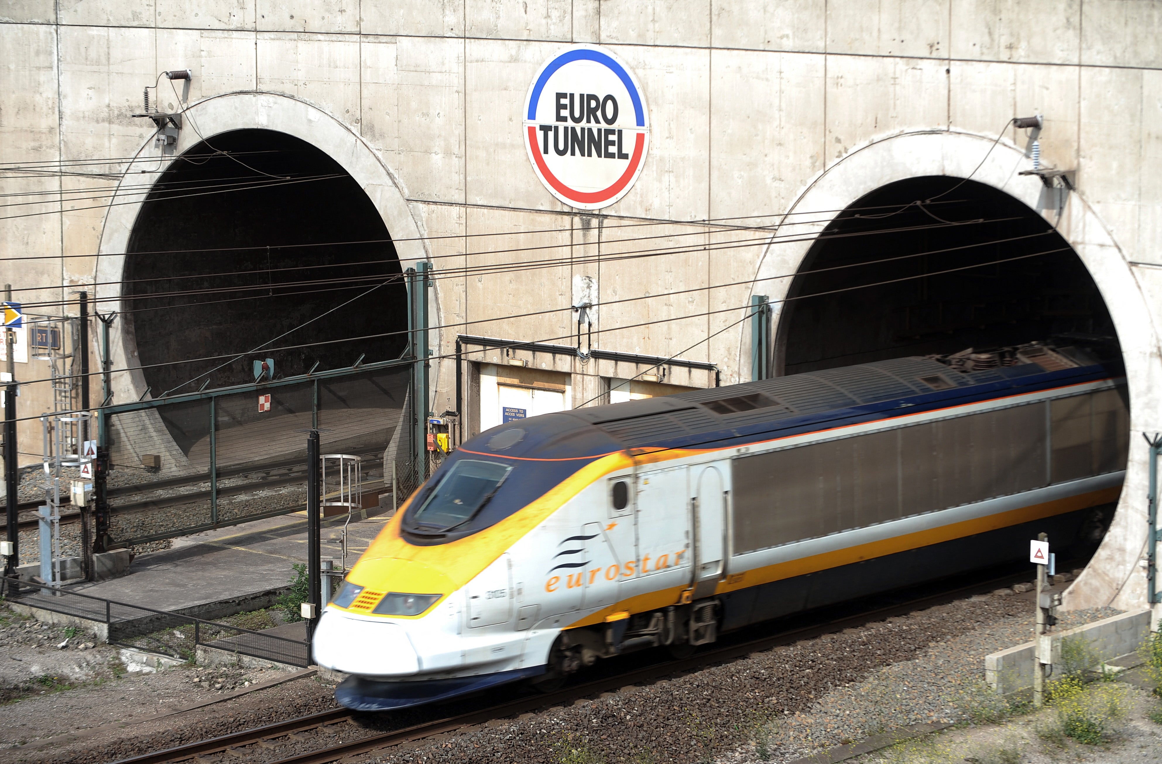 A high-speed Eurostar train from London leaves the Channel tunnel, before arriving at the Eurotunnel terminal in Coquelles, near Calais