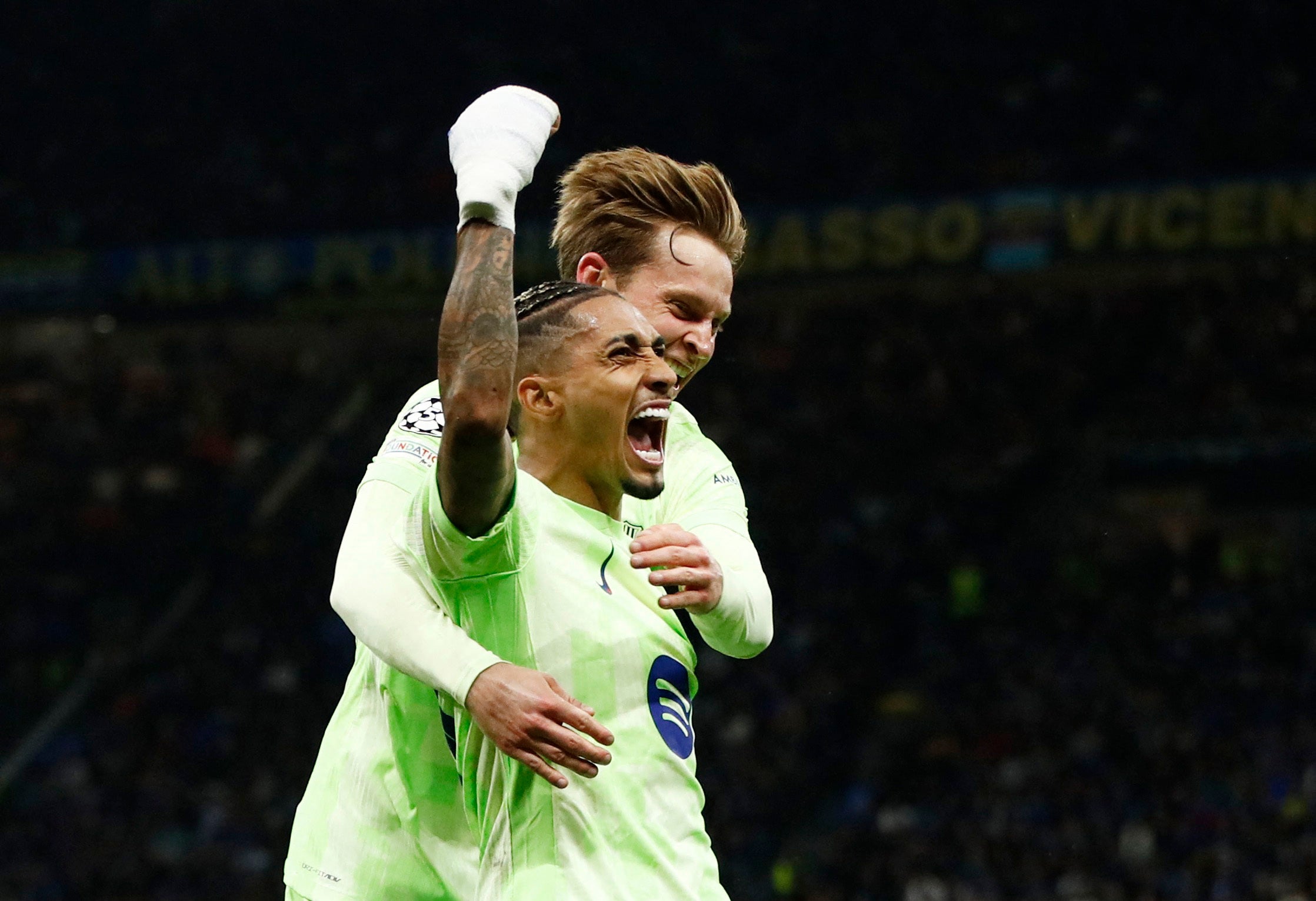 Raphinha celebrates his 87th minute strike to fire Barcelona in front