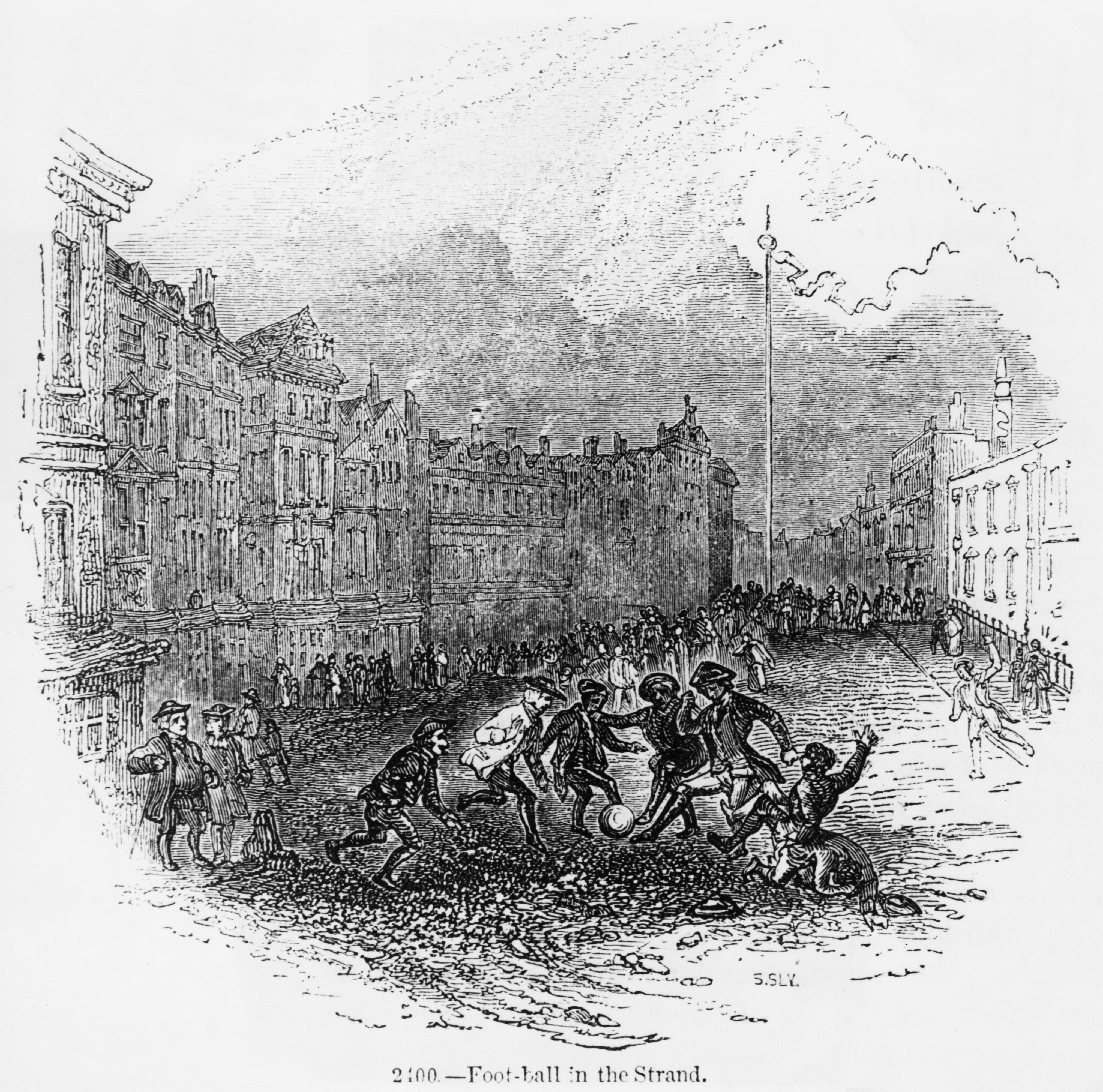 Skupina mužů hrajících fotbal v Strand v Londýně, v roce 1775