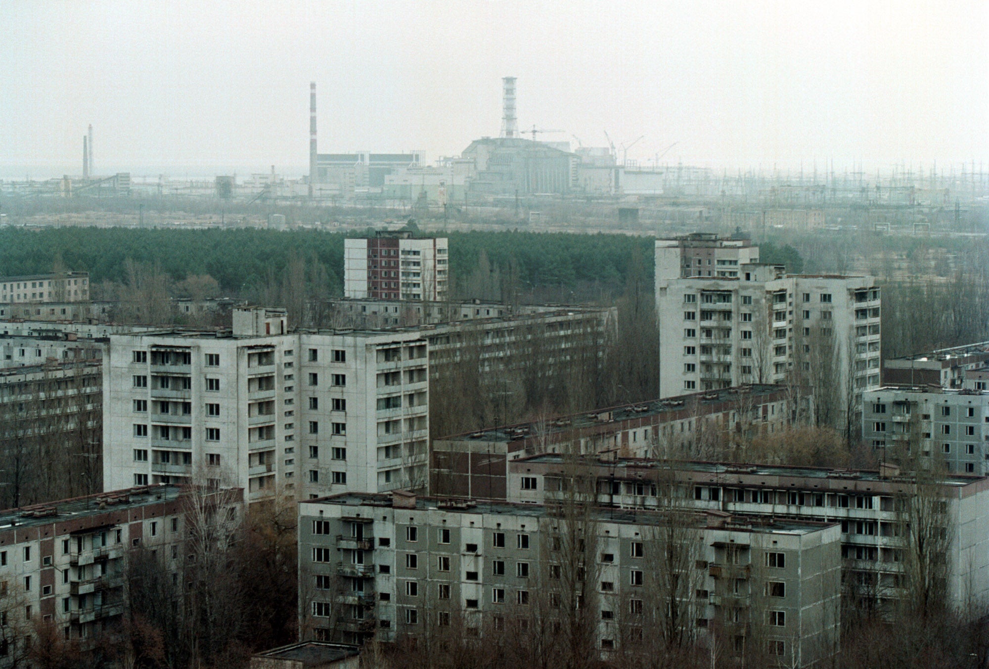 A view of the town of Pripyat and the Chernobyl reactor