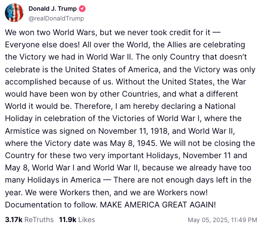 Trump has declared a national holiday on May 8, but workers won't be getting the day off