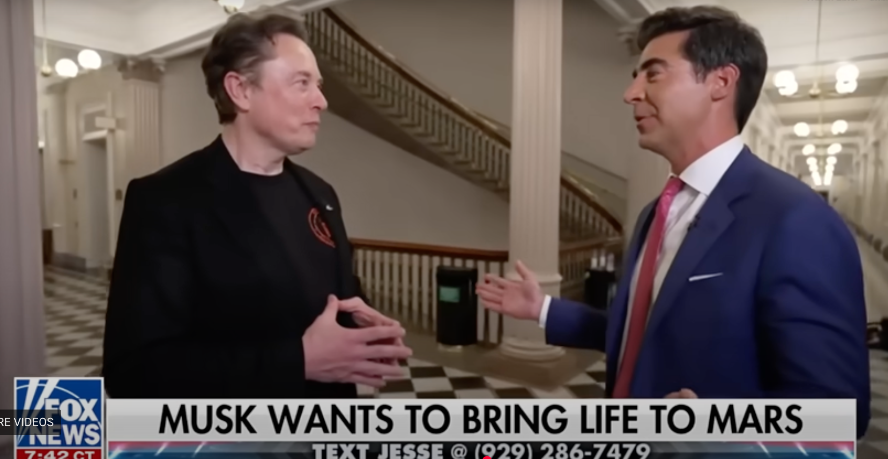 SpaceX founder Elon Musk told Fox News Host Jesse Watters that Mars was a vital 'insurance policy' because Earth will eventually be 'incinerated by the sun'