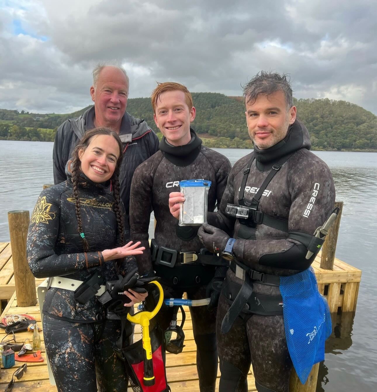 Mike with fellow divers by Lake Coniston after retrieving someone's phone