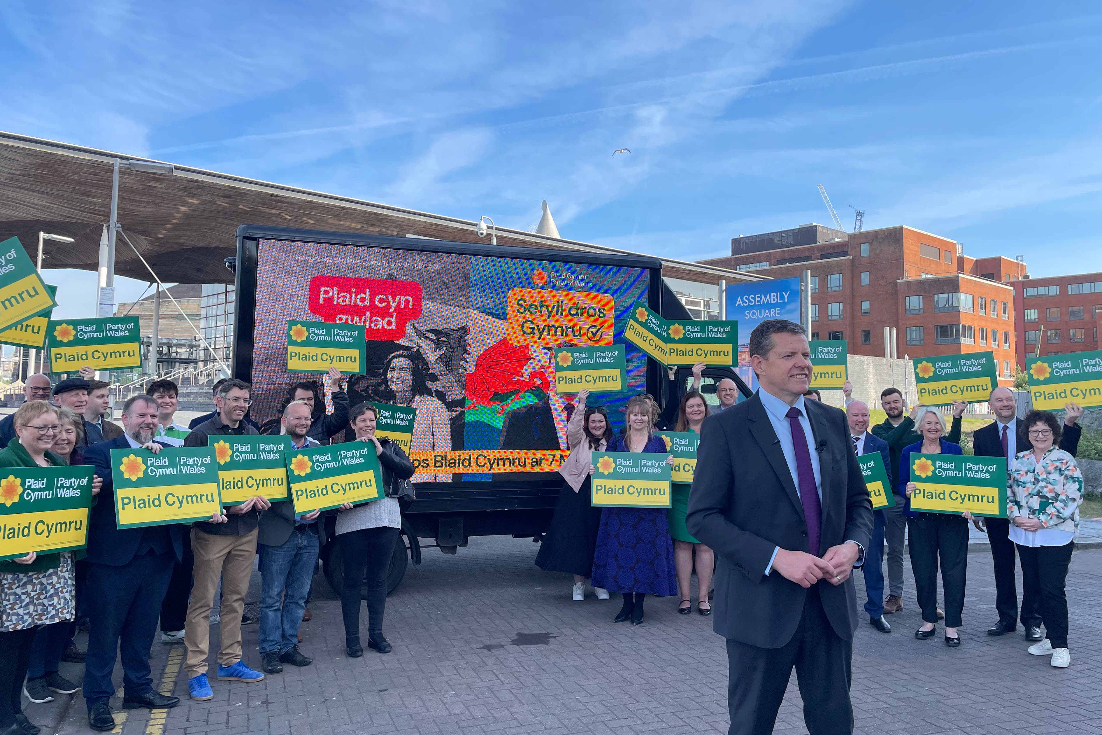 Rhun ap Iorwerth speaking at an event outside the Senedd to mark 12 months until the next Welsh elections (George Thompson/PA)
