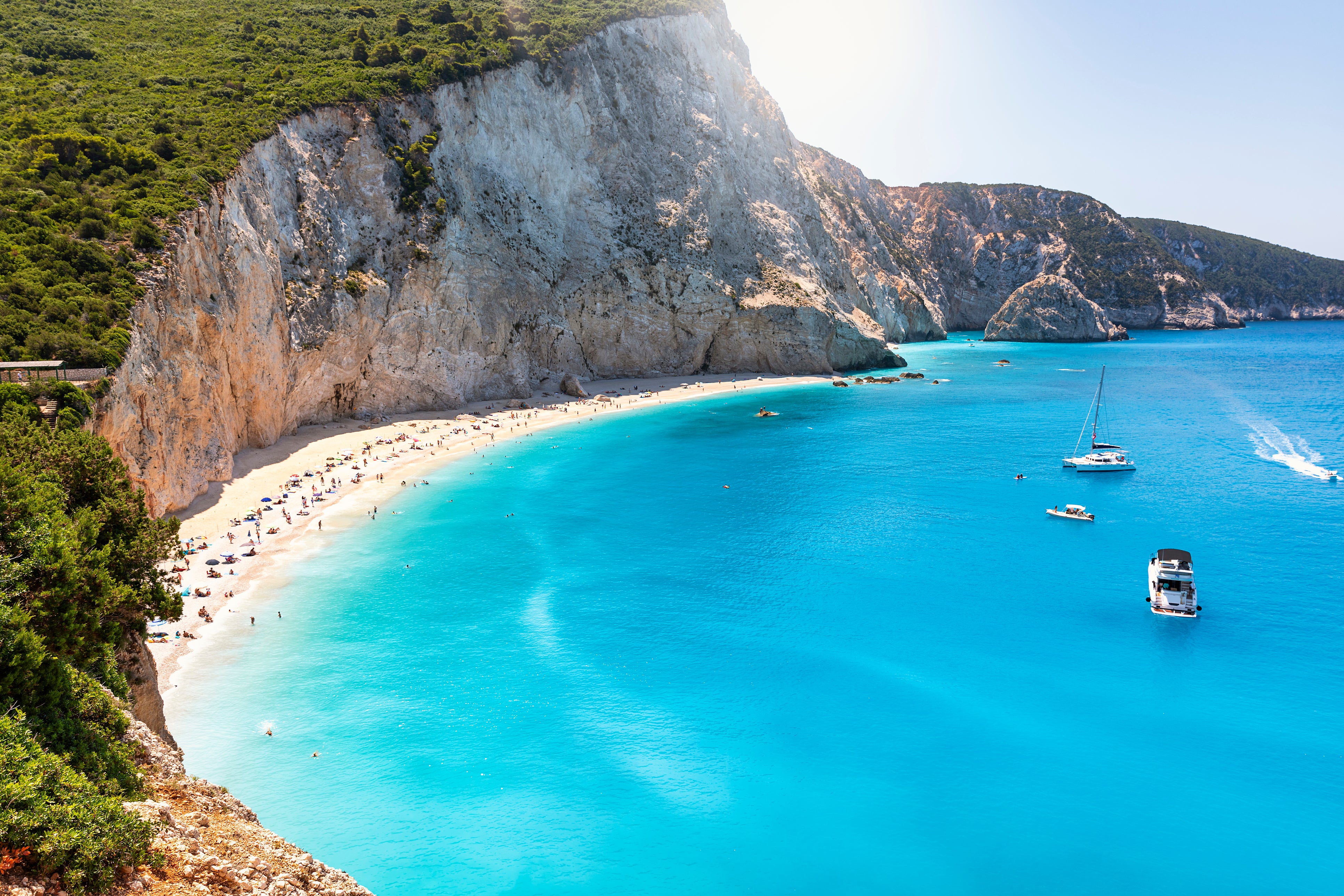 Porto Katsiki, Lefkada is known for its dramatic backdrop of cliffs