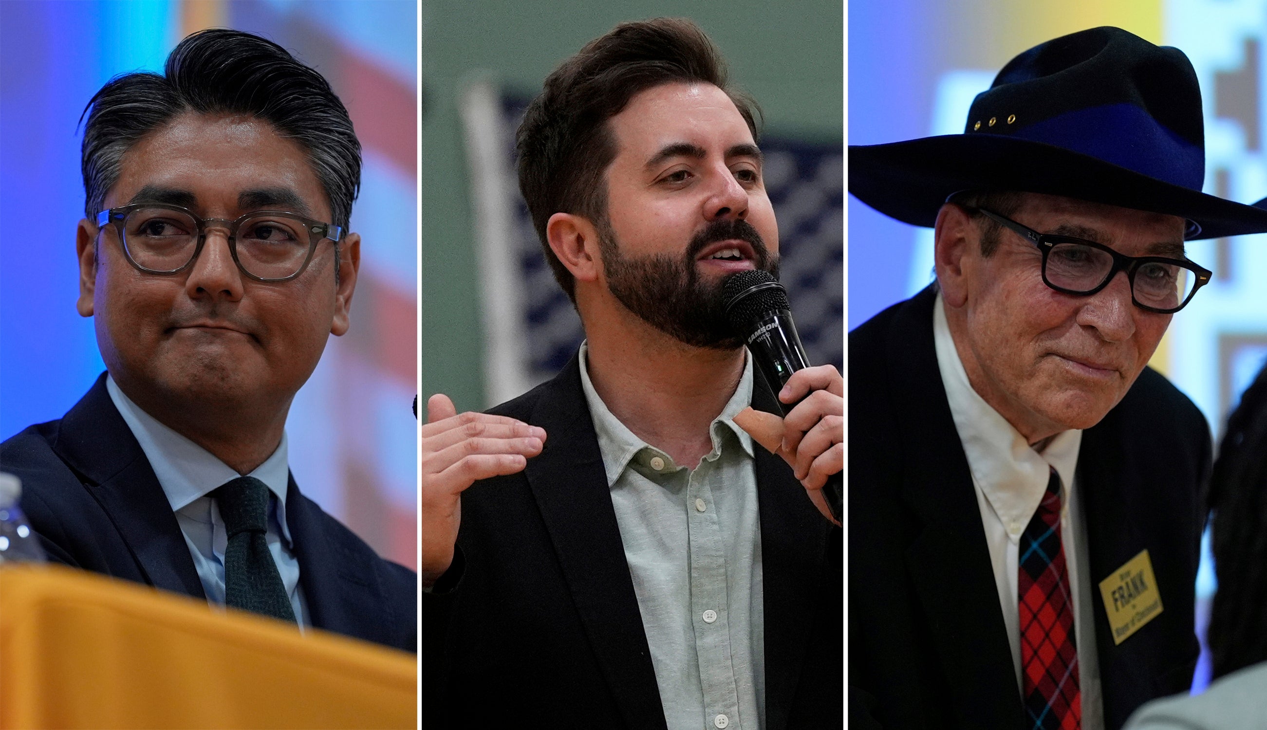 Left to right: Incumbent Cincinnati Mayor Aftab Pureval and Republican challengers Cory Bowman and Brian Frank