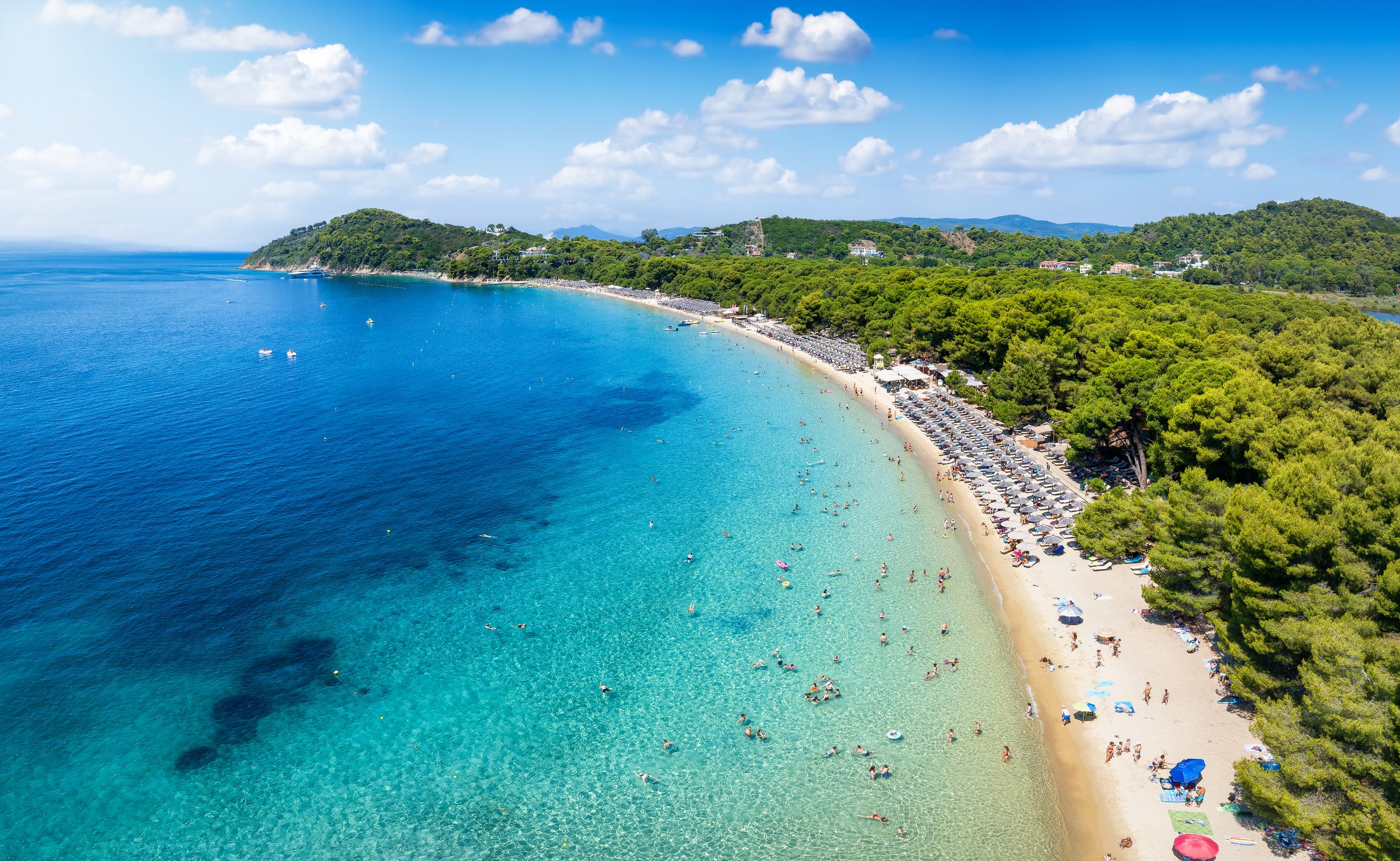 An aerial view of Koukounaries beach in Skiathos