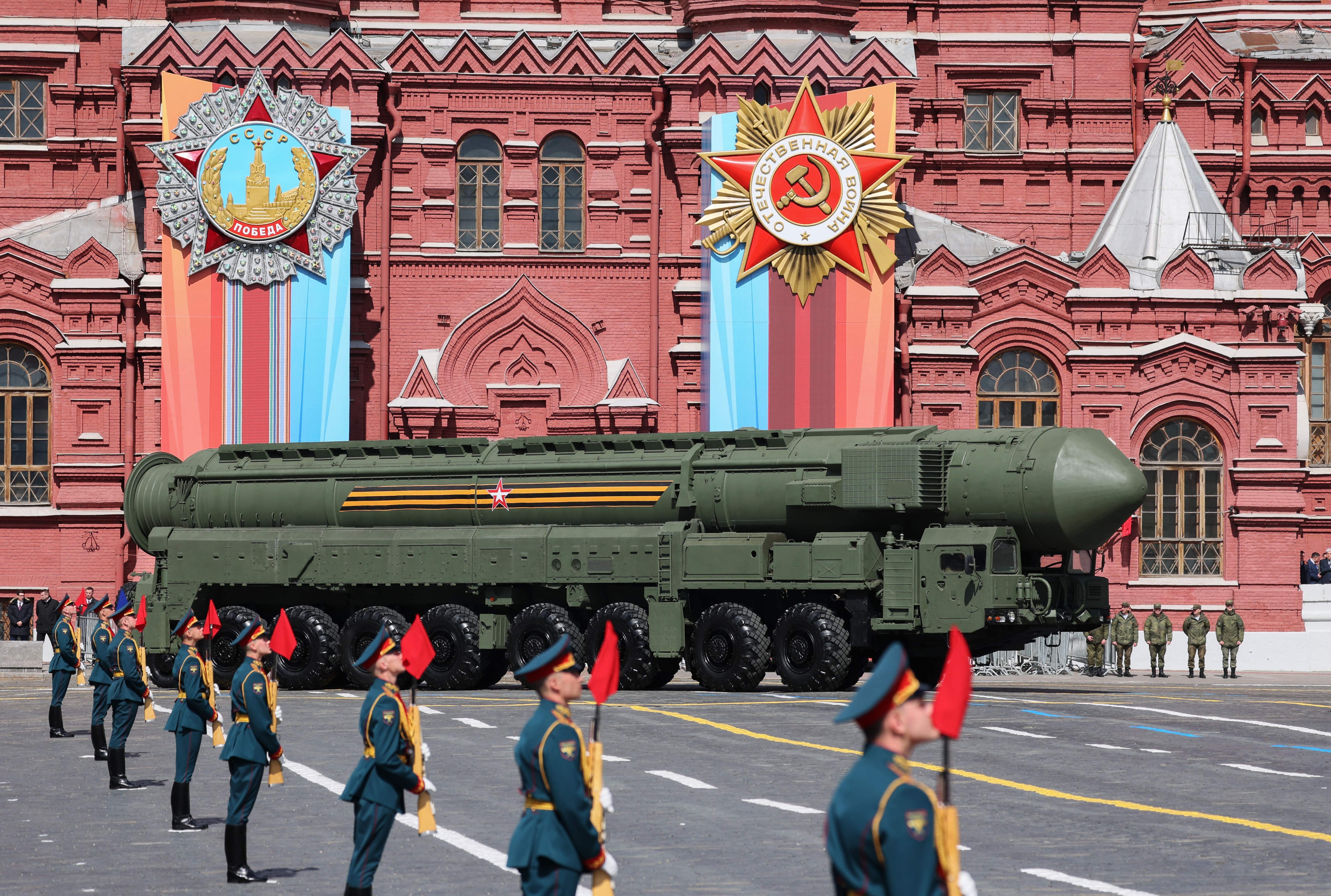 A Russian Yars intercontinental ballistic missile launcher rolls through Red Square in 2023