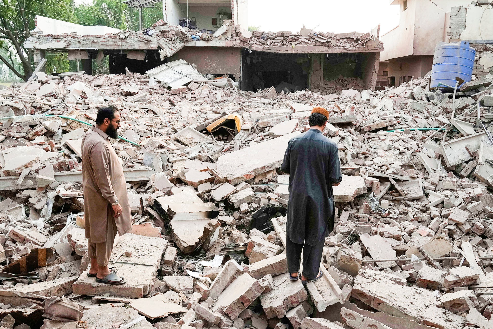 A building damaged by a suspected Indian missile attack, in Muridke, a town in Pakistan's Punjab province