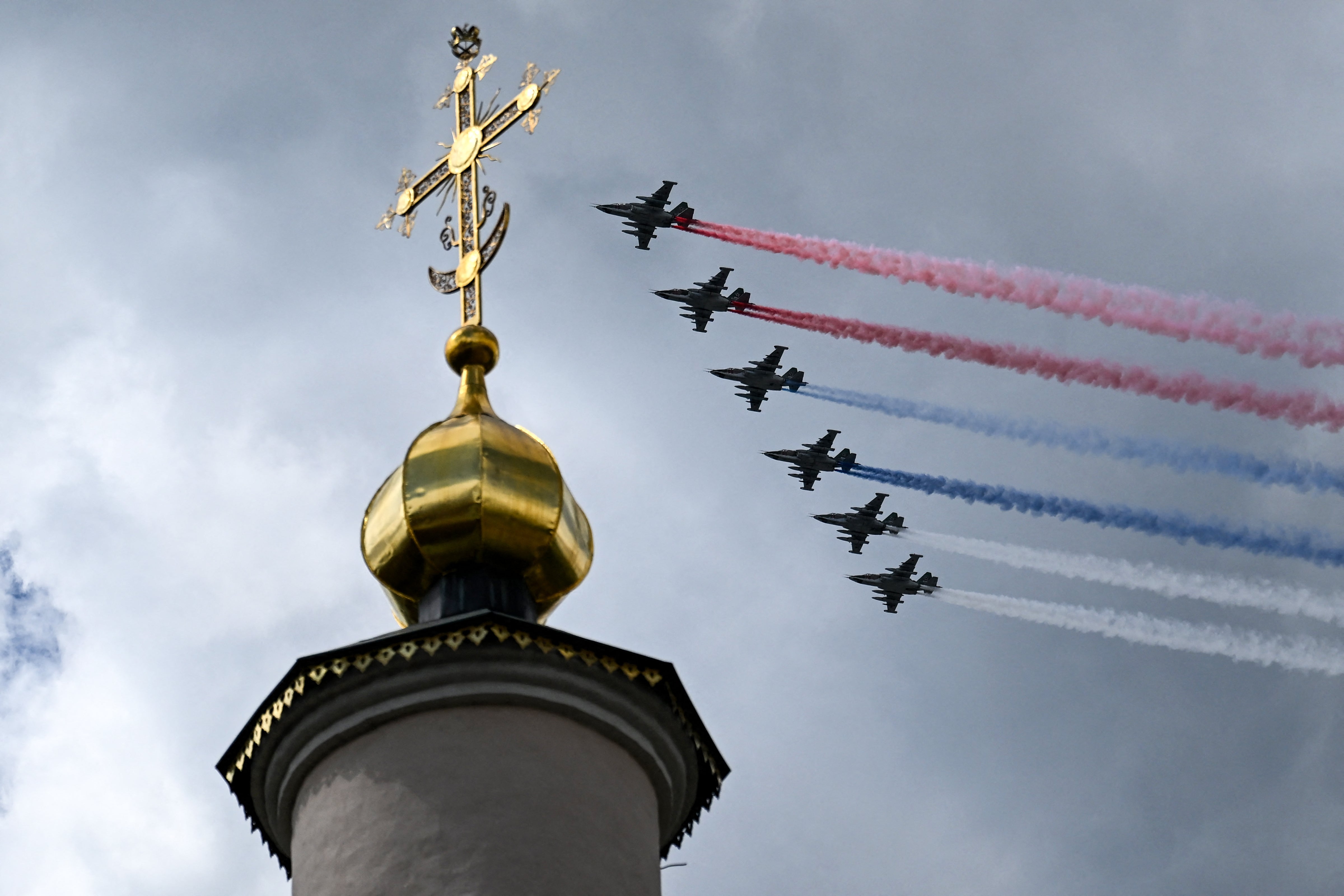 Russian Sukhoi SU-25 fighter jets rehearsing on Wednesday for Friday's Victory Day parade in Moscow