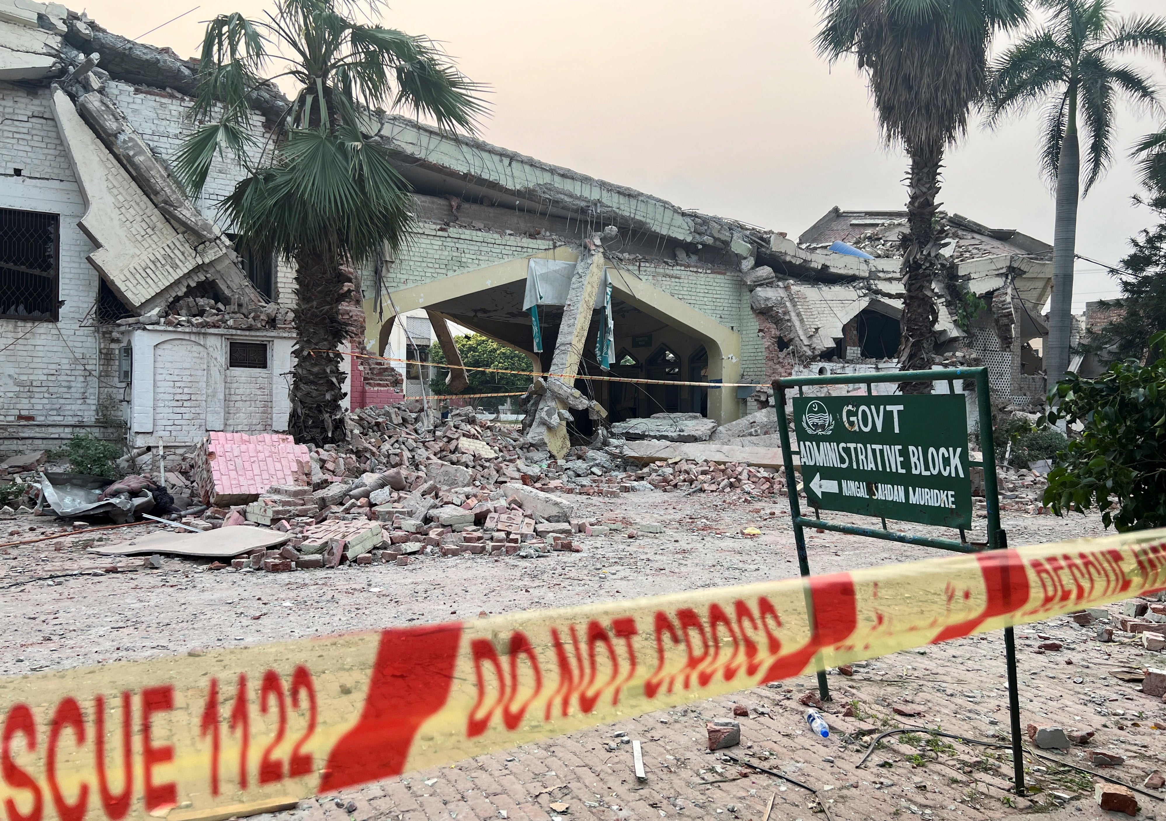 A damaged portion of an administration block at the Government Health and Education complex, after it was hit by an Indian strike, in Muridke near Lahore, Pakistan May 7, 2025. REUTERS/Gibran Peshimam