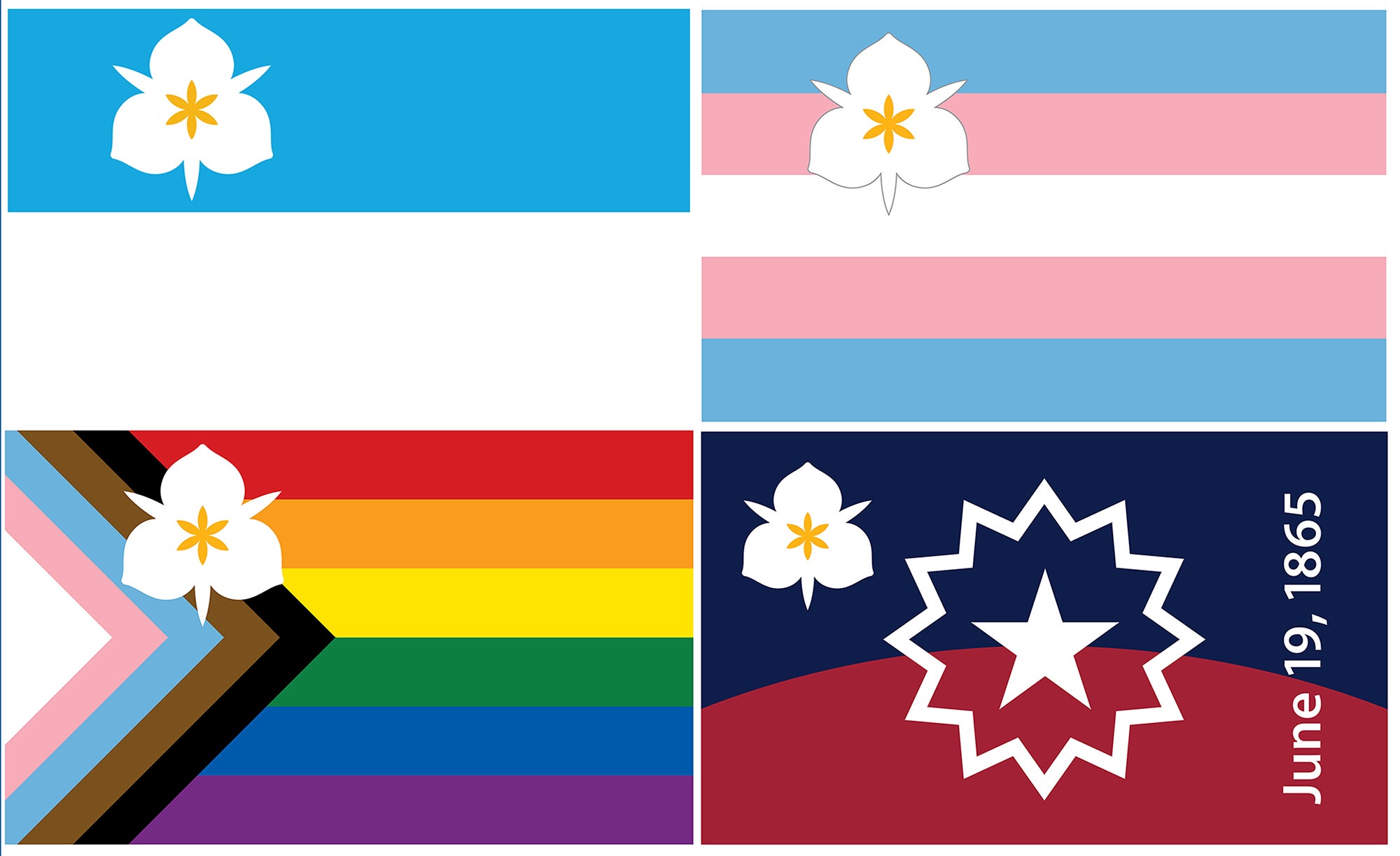 Salt Lake City is adopting three new flags – alongside its existing one, top left – that represent the city's LGBT+, Black and transgender residents