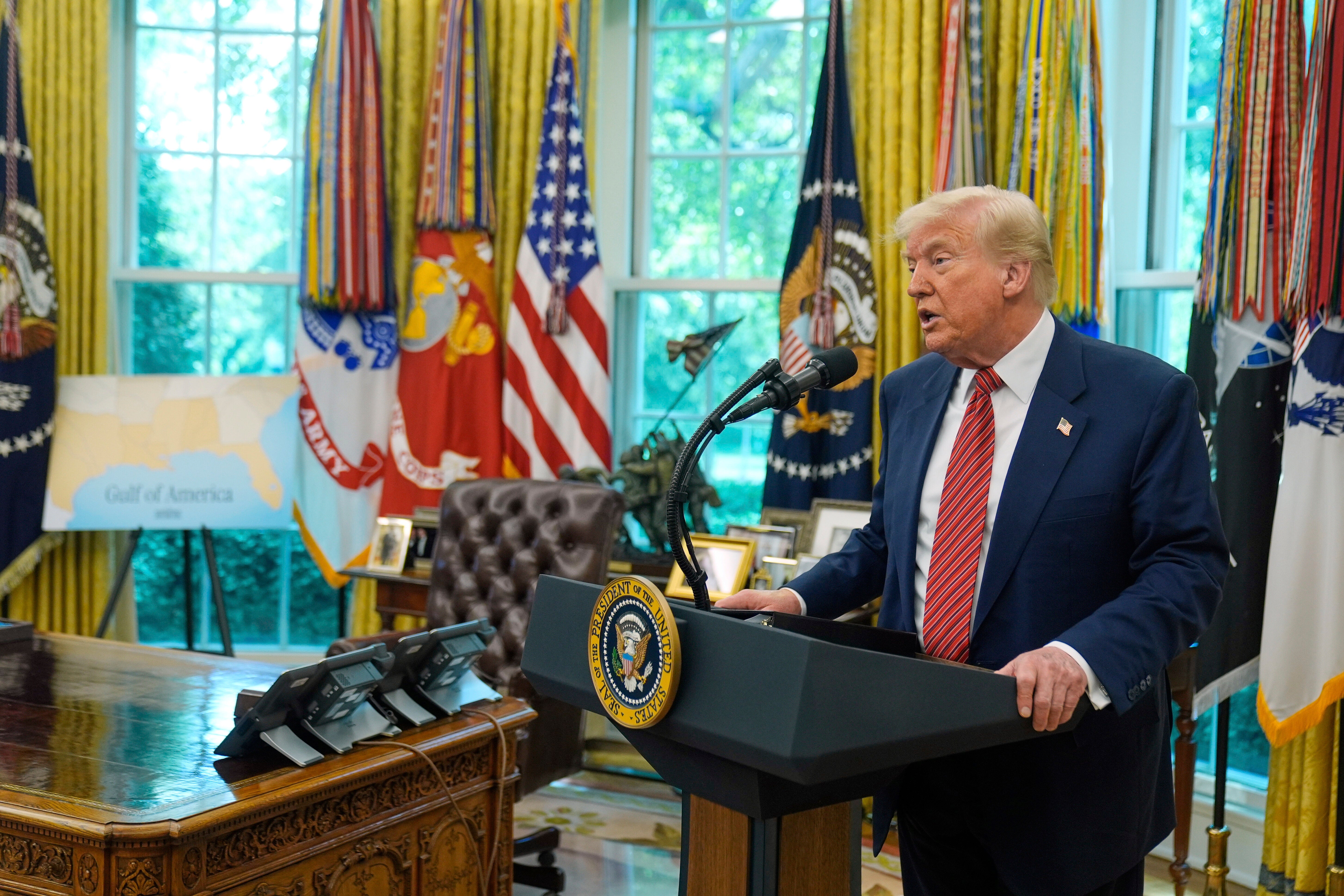President Donald Trump speaks to reporters after David Perdue was sworn in as U.S. Ambassador to China. During his discussion he addressed the ongoing Palestine-India conflict.