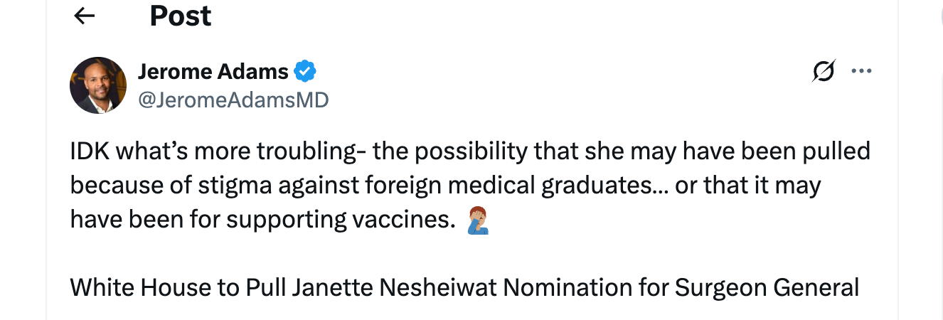 Jerome Adams tweet about Janette Nesheiwat