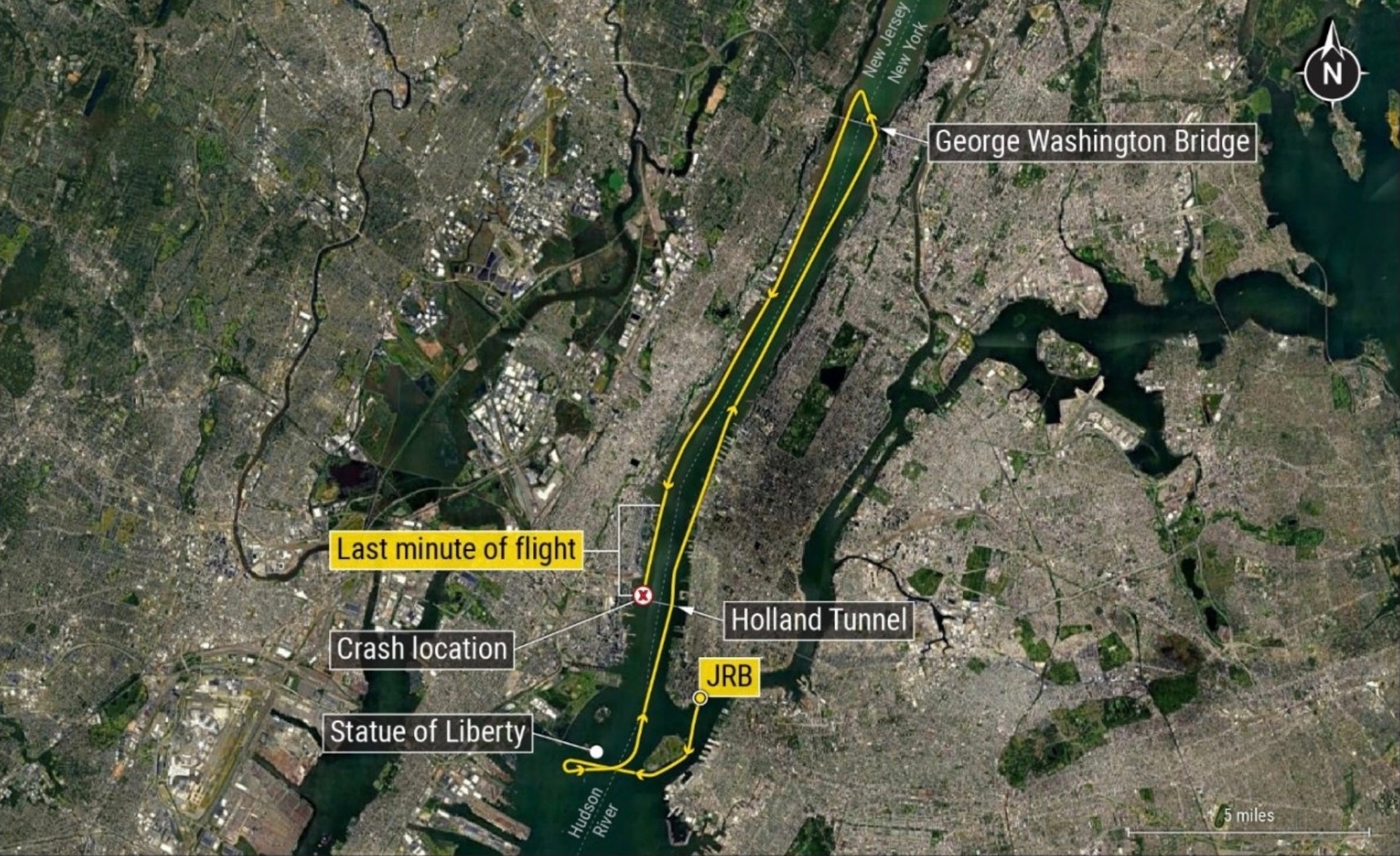 The flight path of the Helicopter involved in the tragic April 10 New Jersey crash that resulted in the deaths of six people
