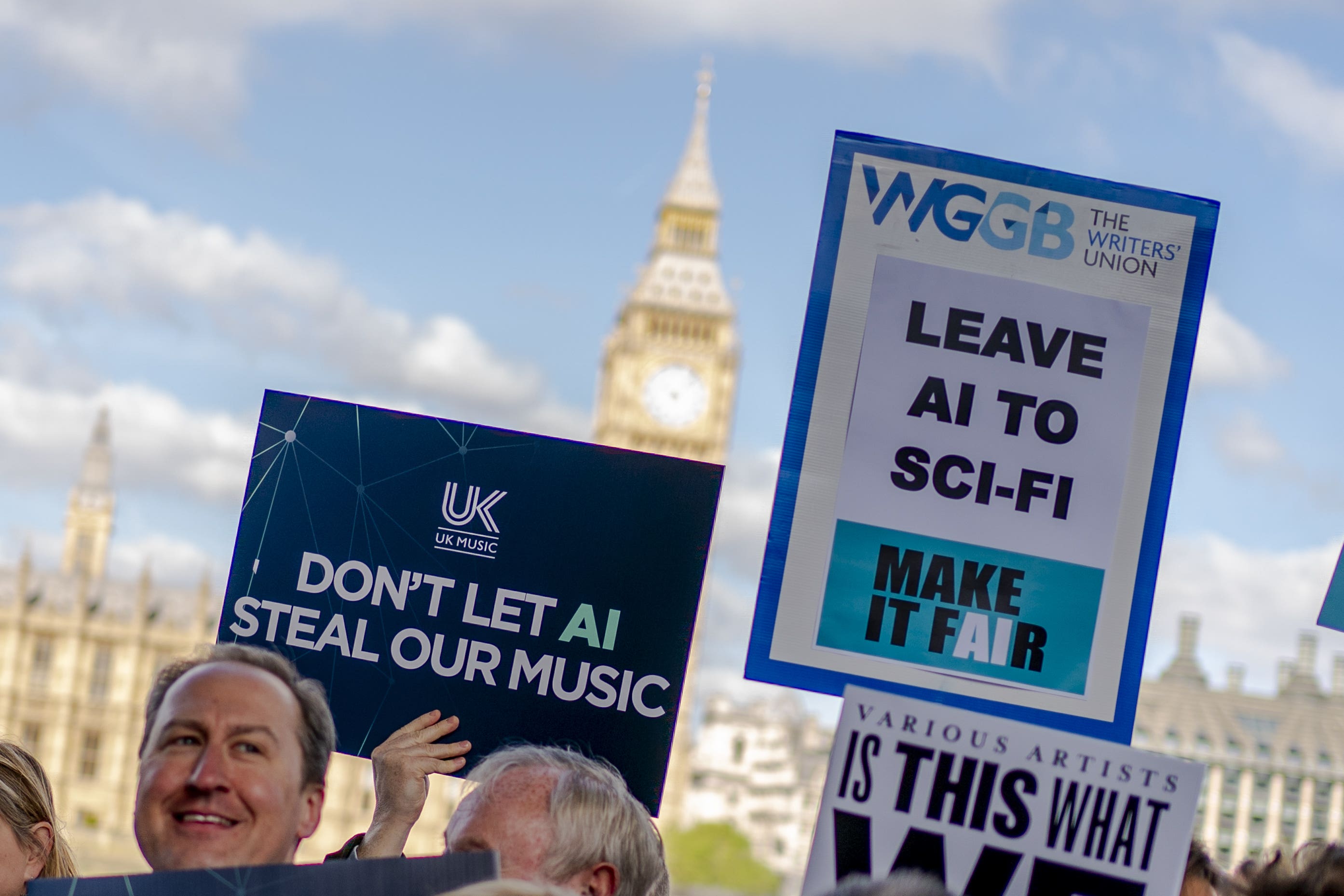 Music creators and politicians take part in a protest on the Albert Embankment, opposite the Houses of Parliament (Jordan Pettitt/PA)