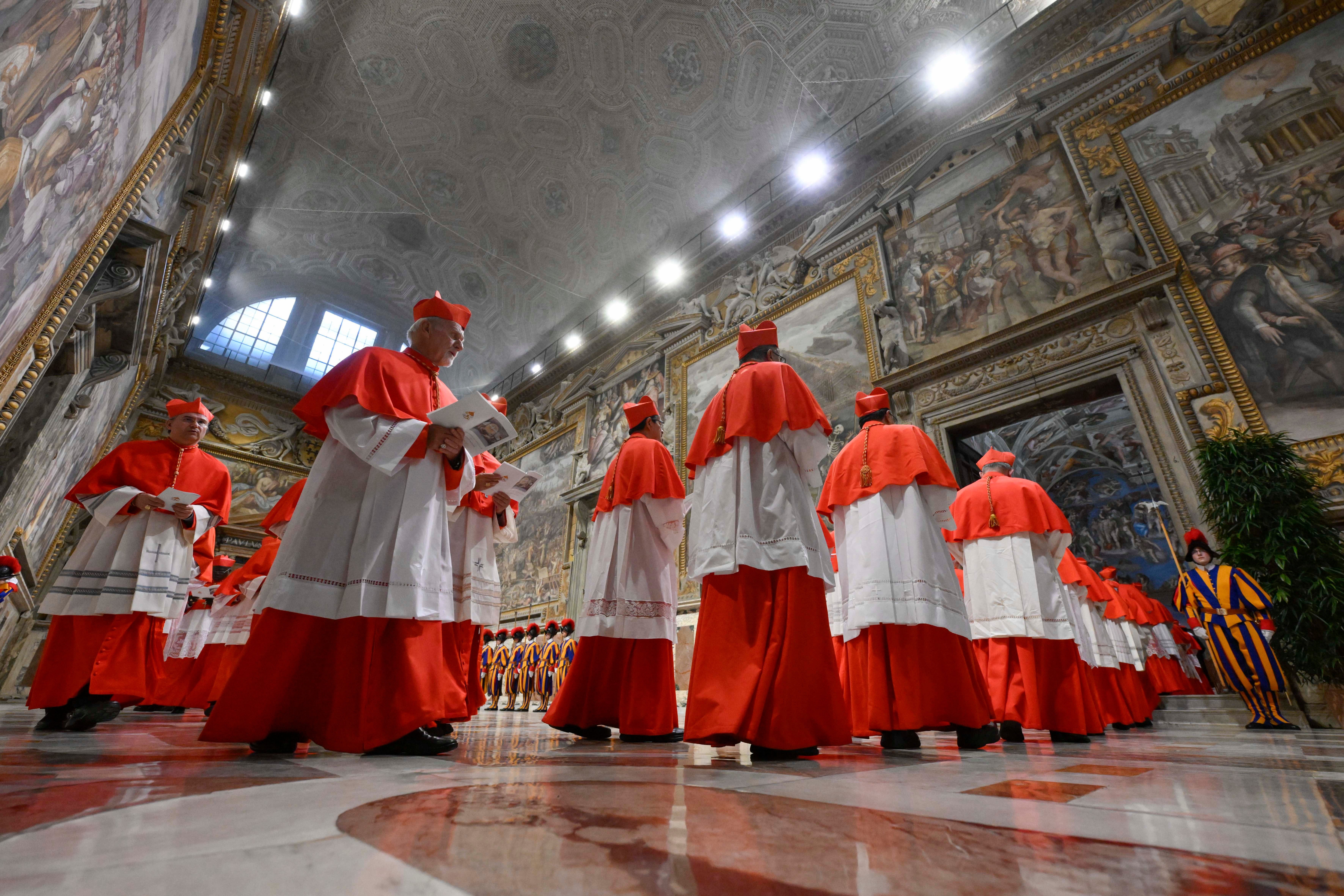 Cardinals make their way in the Sala Regia to enter the Sistine Chapel at the Vatican to start the conclave to elect the successor of the late Pope Francis