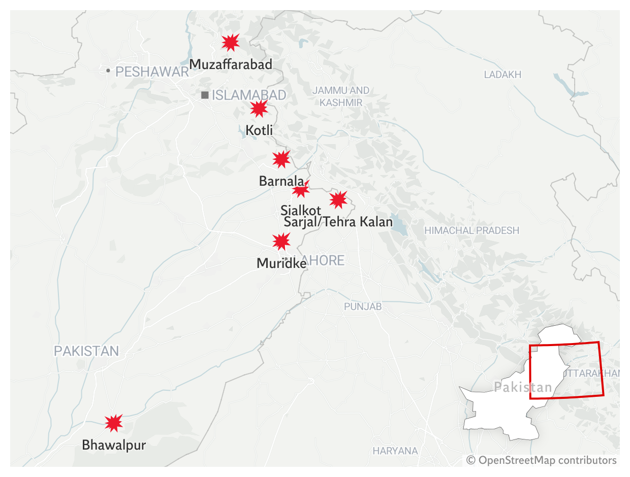 Map shows locations across Pakistan where Indian military strikes hit