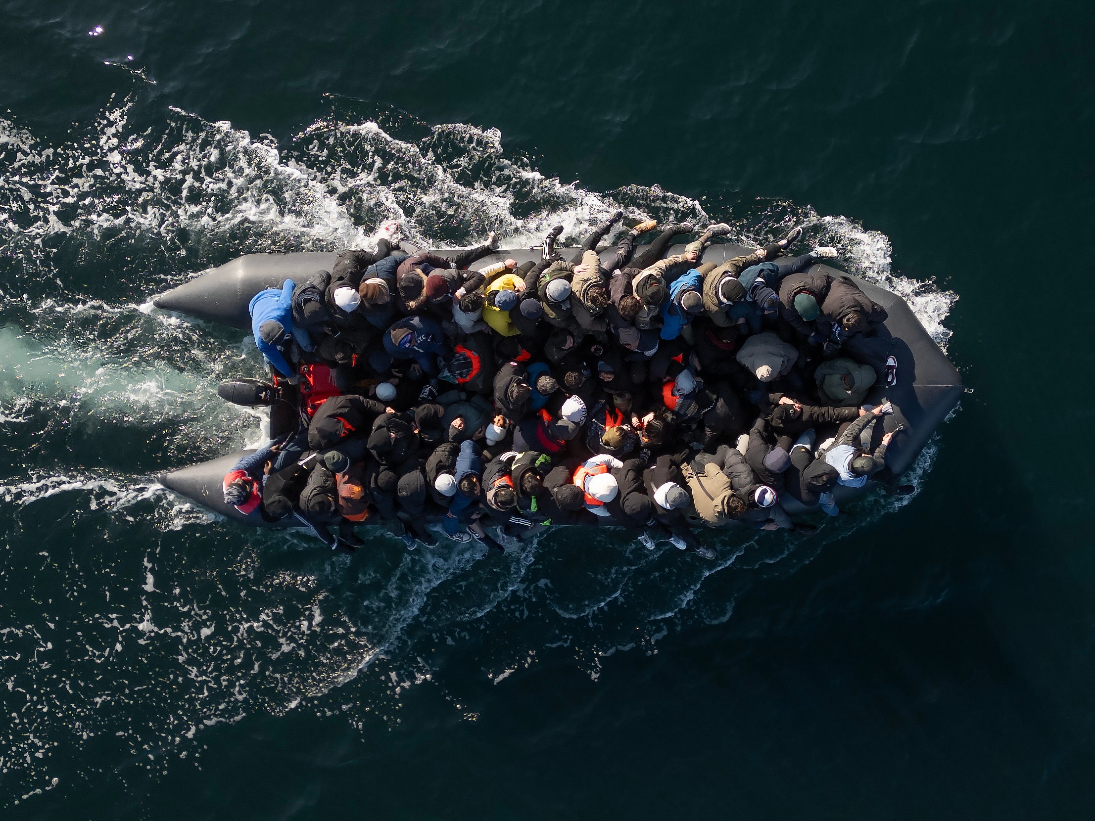 An inflatable dinghy carrying around 65 migrants crosses the English Channel on 6 March 2024