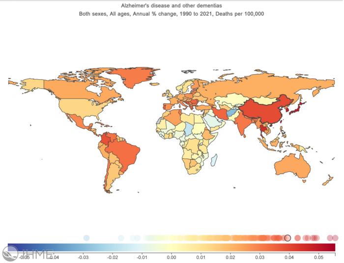 Global burden of disease map for ADD, 1990-2021. Annual change in deaths per 100,000 people for all sexes and all ages