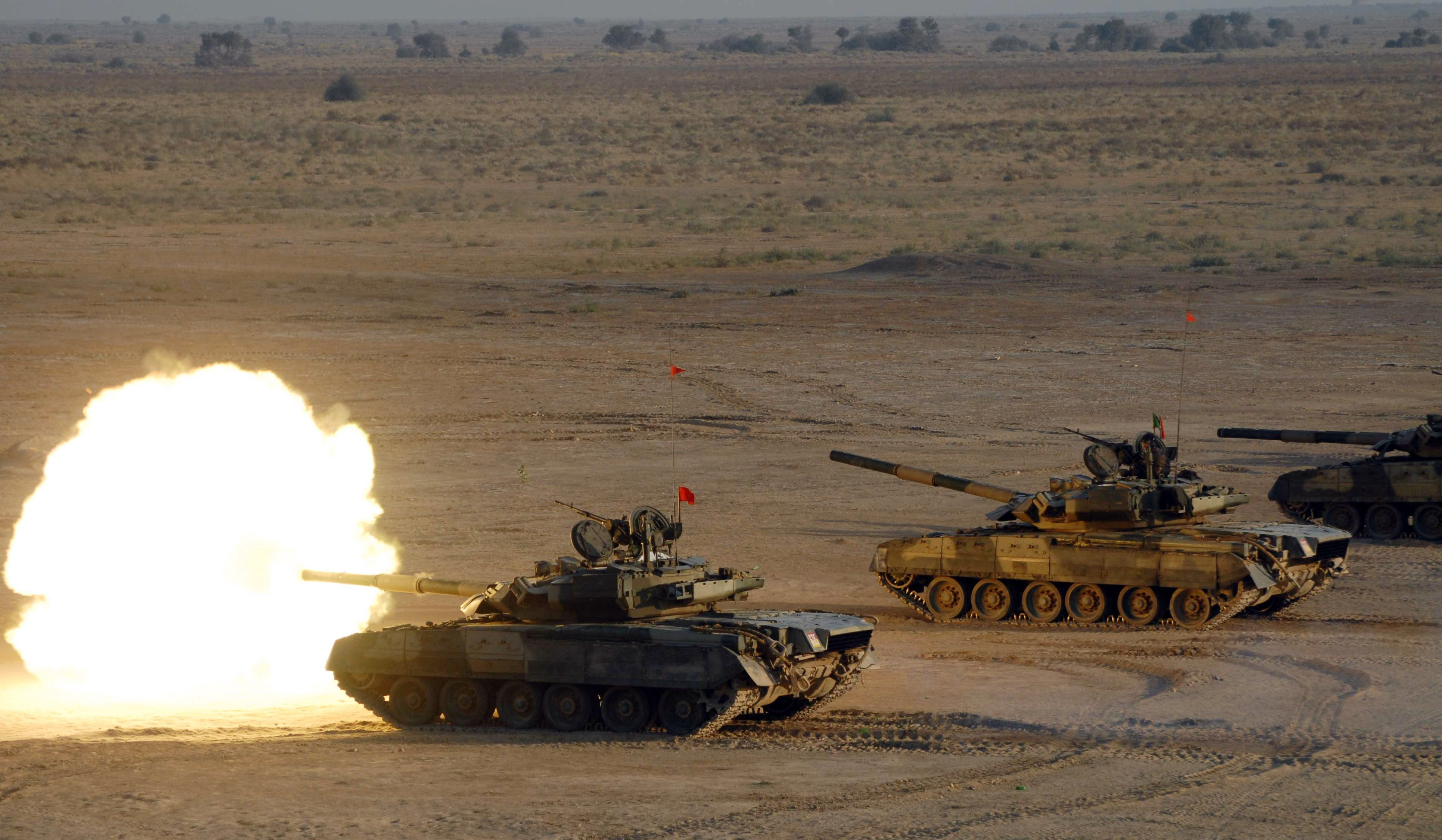 Pakistani army tanks take part during the winter collective ten-days military exercise