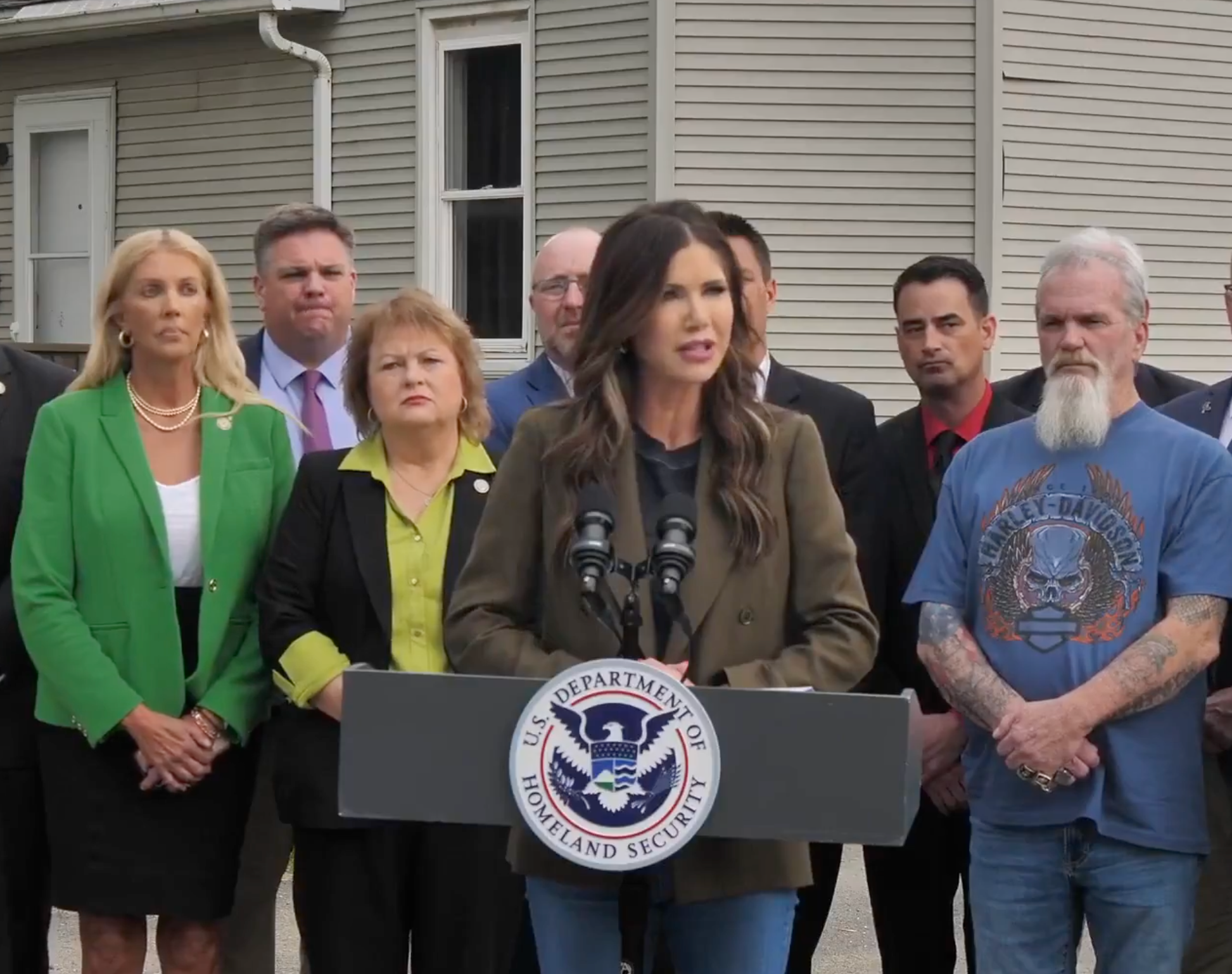 U.S. Department of Homeland Security Secretary Kristi Noem delivers a speech in Springfield, Illinois, on Wednesday May 7 2025