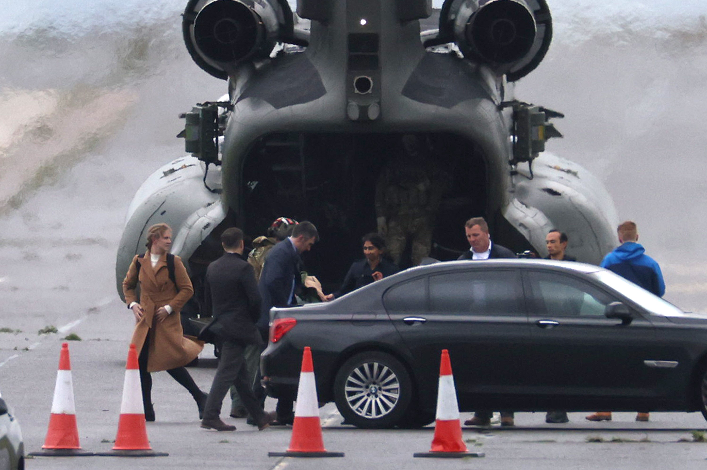 Home secretary Suella Braverman arrives by helicopter at Manston airfield on 3 November 2022