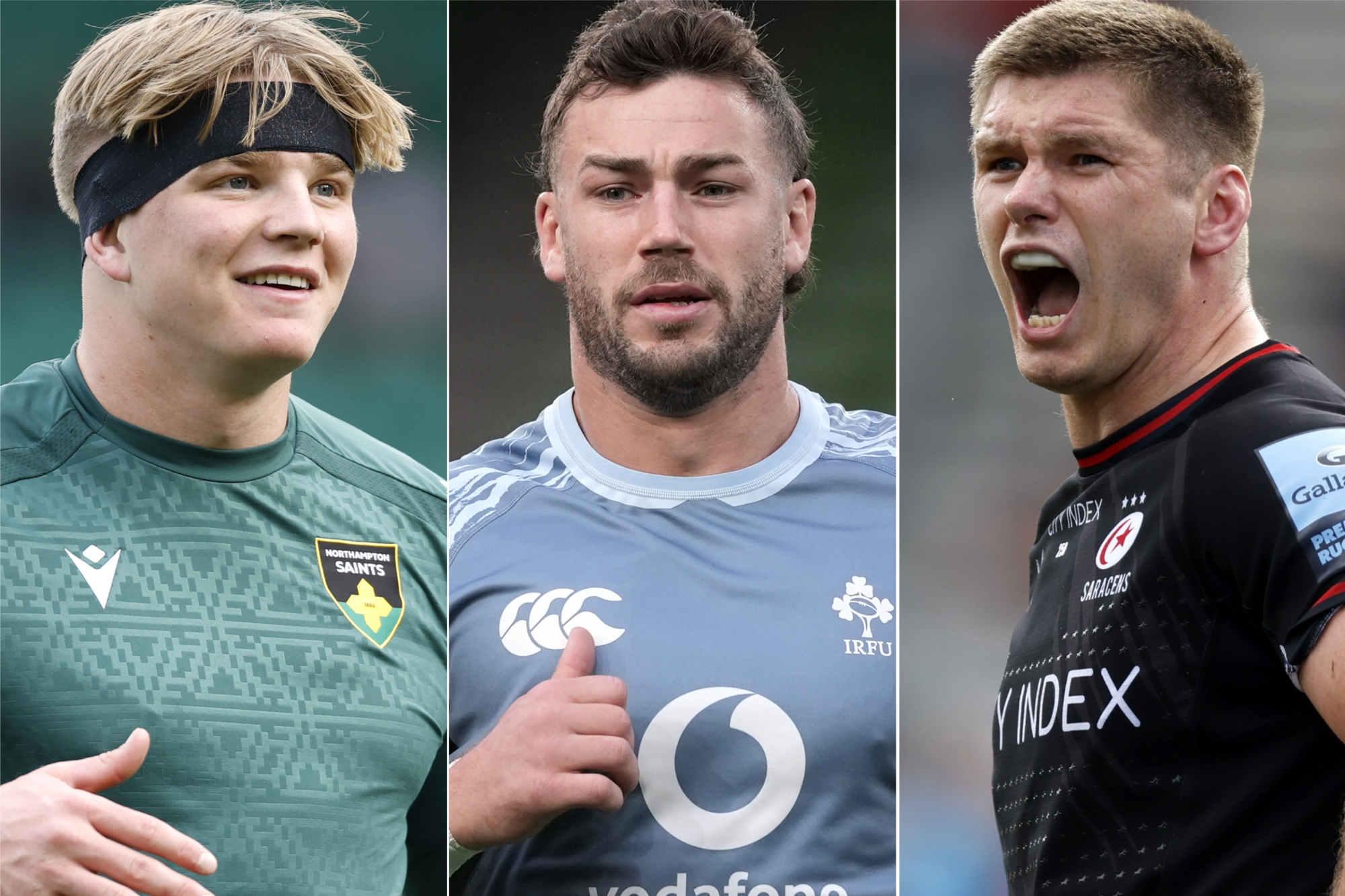 Henry Pollock, left, has been selected for the British and Irish Lions tour to Australia but Caelan Doris, centre, and Owen Farrell, right, are among those to miss out (PA)