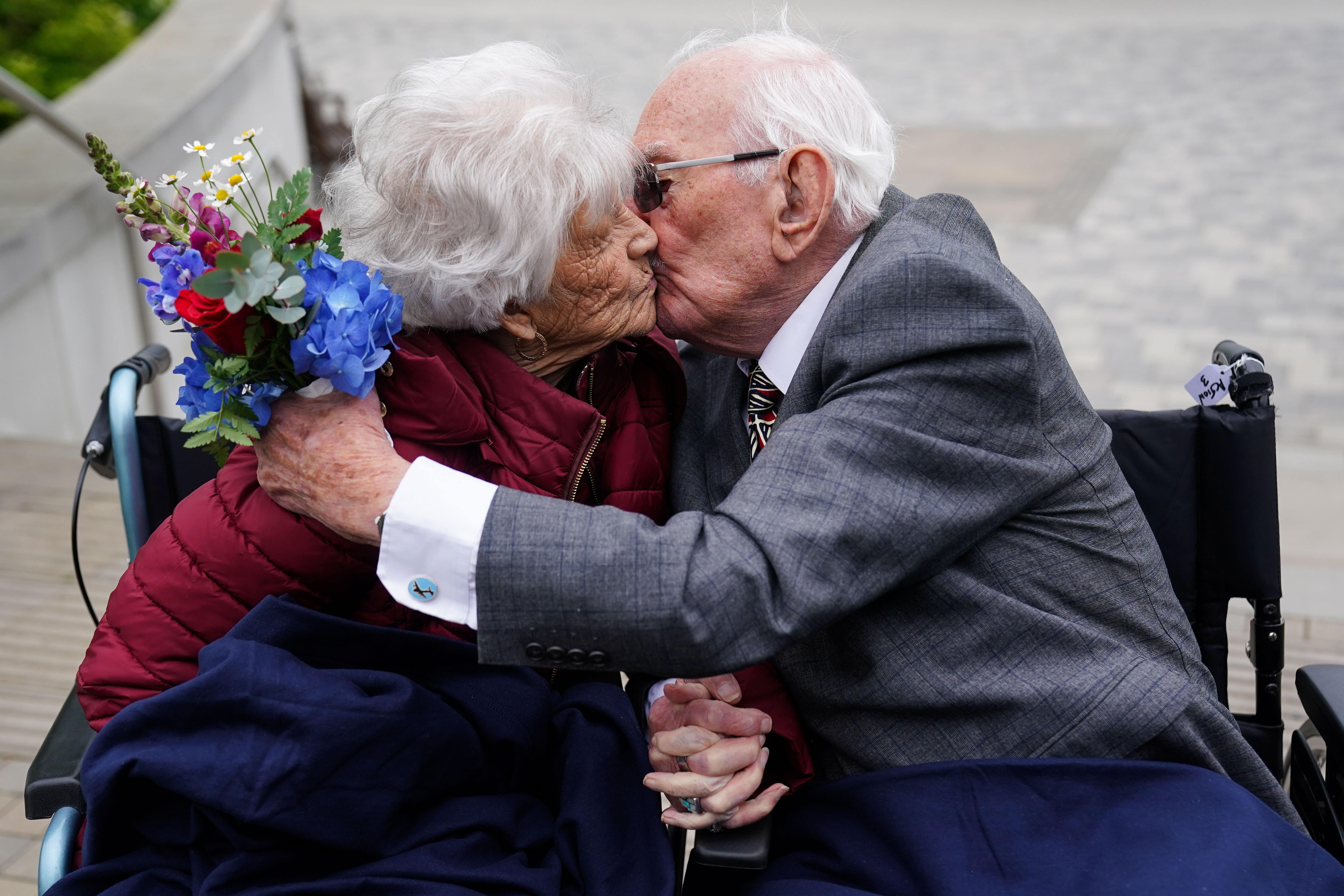RAF veterans Kathleen, 101, and Roy Lawrence, 100, attended the celebrations at the National Memorial Arboretum in Staffordshire (Jacob King/PA)